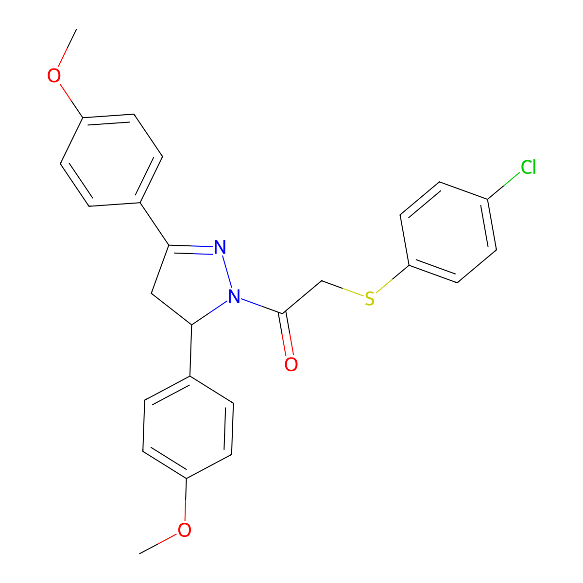 1-[3,5-Bis(4-methoxyphenyl)-3,4-dihydropyrazol-2-yl]-2-(4-chlorophenyl)sulfanylethanone molecular structure, CAS 403837-45-6