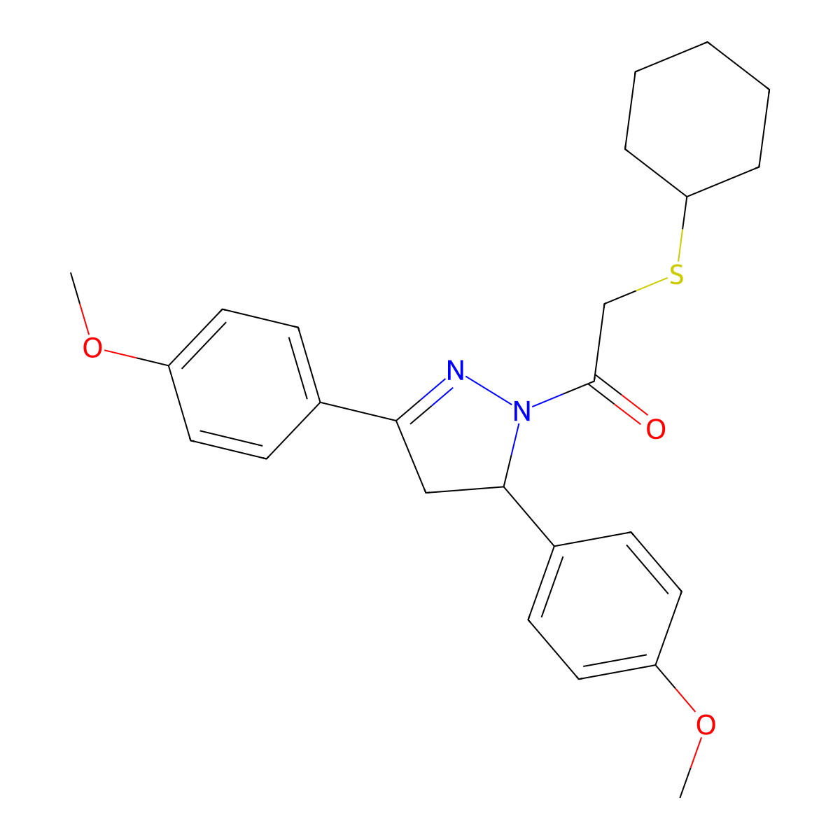 1-[3,5-Bis(4-methoxyphenyl)-3,4-dihydropyrazol-2-yl]-2-cyclohexylsulfanylethanone molecular structure, CAS 403837-46-7