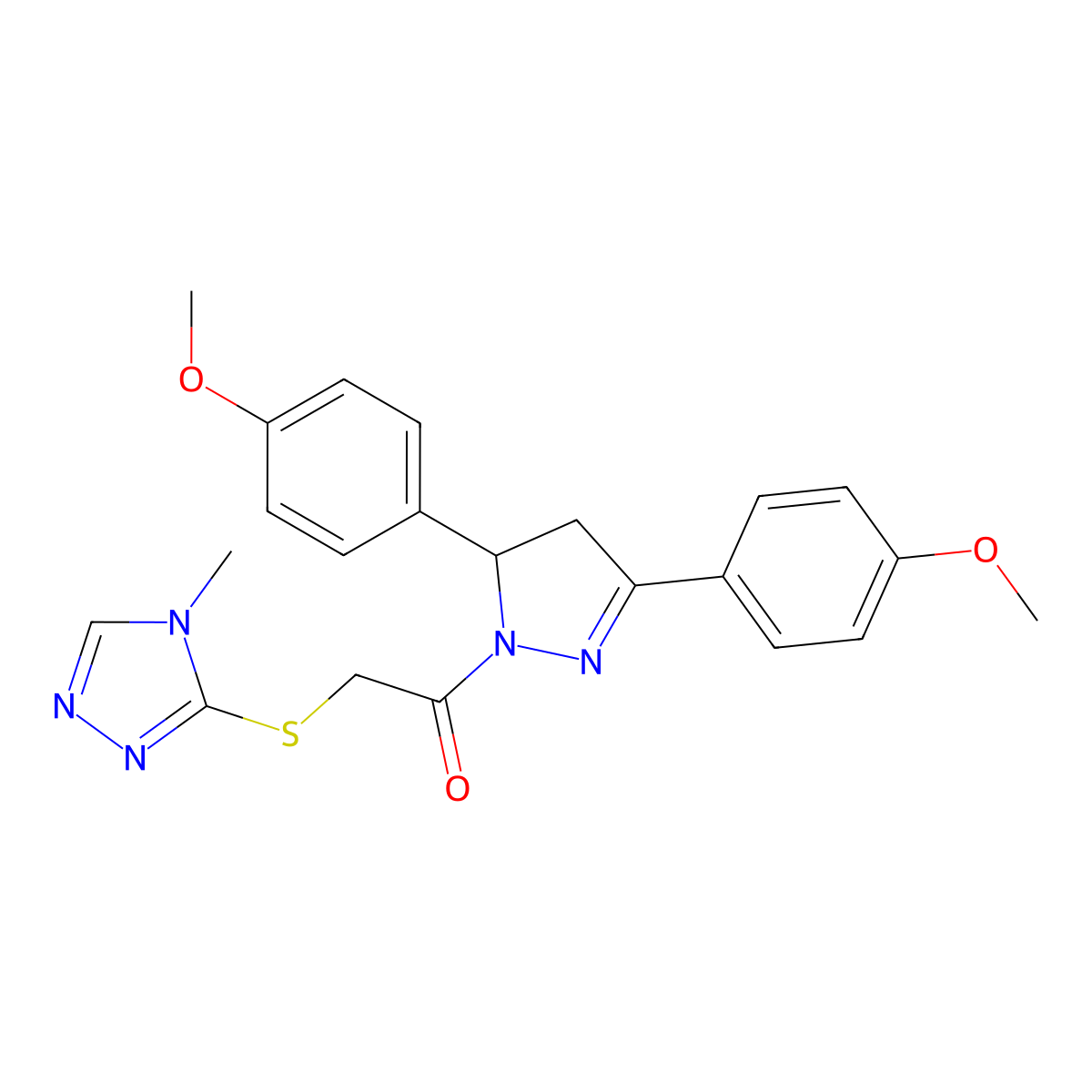 1-(3,5-bis(4-methoxyphenyl)-4,5-dihydro-1H-pyrazol-1-yl)-2-((4-methyl-4H-1,2,4-triazol-3-yl)thio)ethanone molecular structure, CAS 403837-56-9
