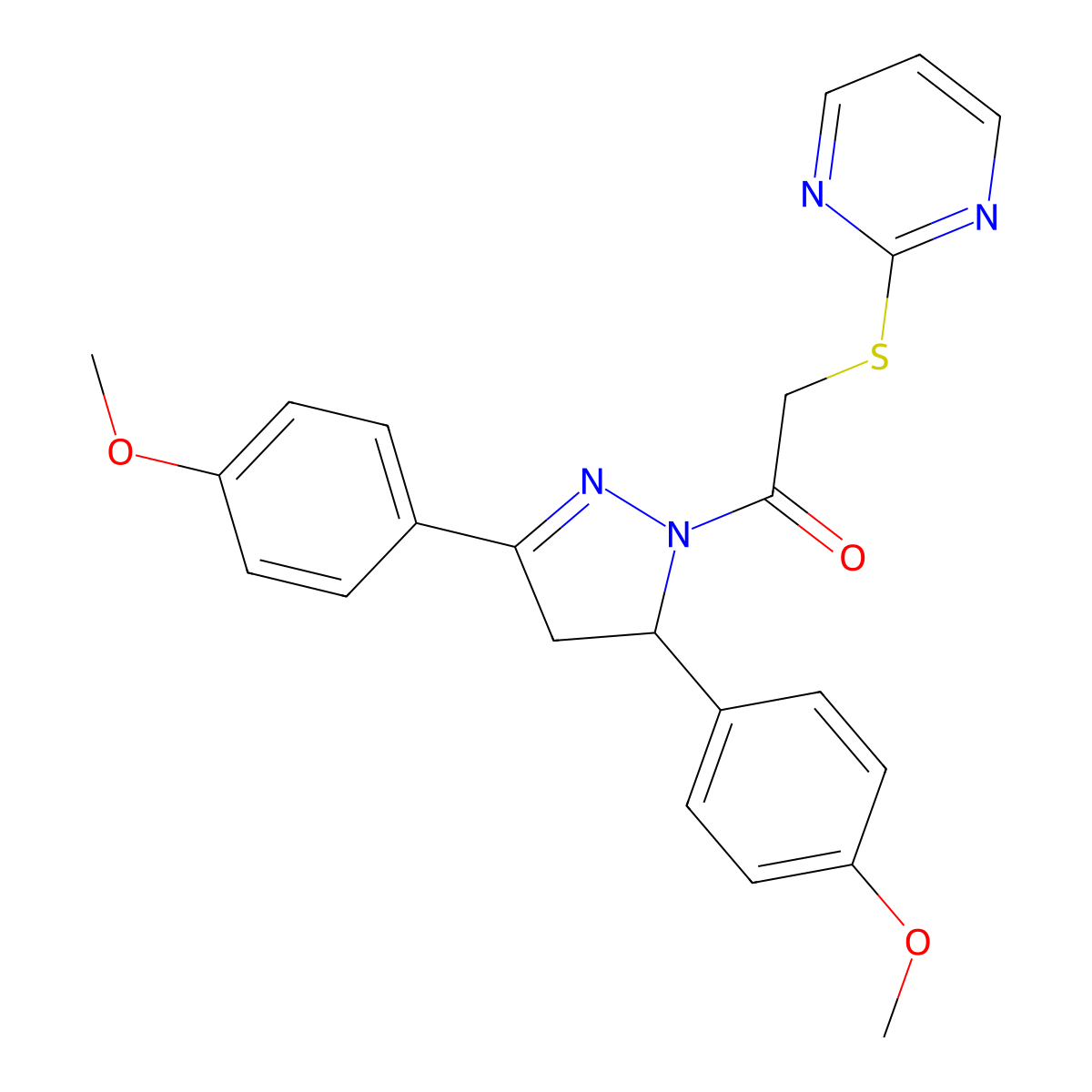 1-(3,5-bis(4-methoxyphenyl)-4,5-dihydro-1H-pyrazol-1-yl)-2-(pyrimidin-2-ylthio)ethanone molecular structure, CAS 403837-58-1