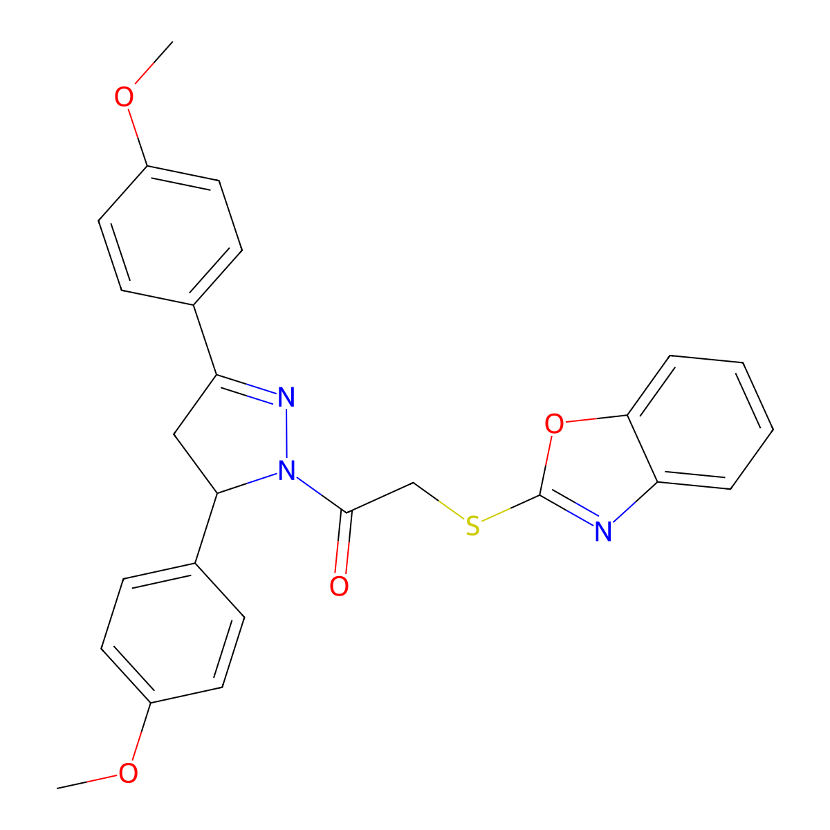 2-(1,3-Benzoxazol-2-ylsulfanyl)-1-[3,5-bis(4-methoxyphenyl)-3,4-dihydropyrazol-2-yl]ethanone molecular structure, CAS 403837-61-6