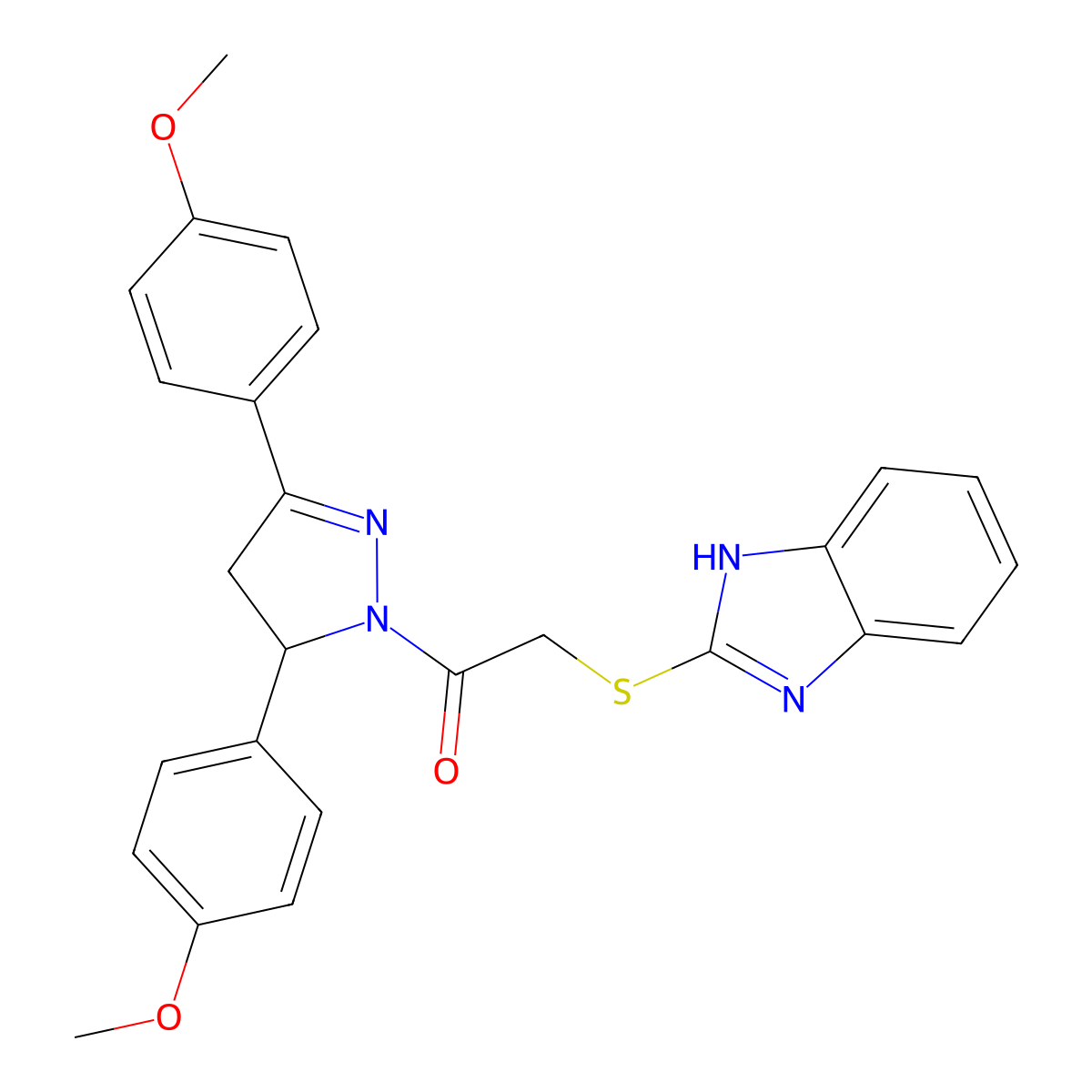 2-(1H-benzimidazol-2-ylsulfanyl)-1-[3,5-bis(4-methoxyphenyl)-3,4-dihydropyrazol-2-yl]ethanone molecular structure, CAS 403837-62-7