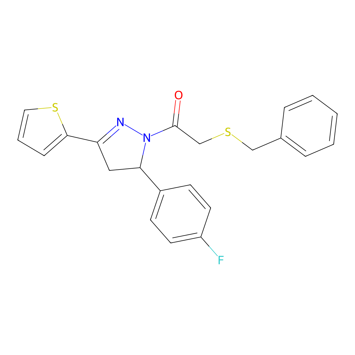 2-Benzylsulfanyl-1-[3-(4-fluorophenyl)-5-thiophen-2-yl-3,4-dihydropyrazol-2-yl]ethanone molecular structure, CAS 403842-89-7
