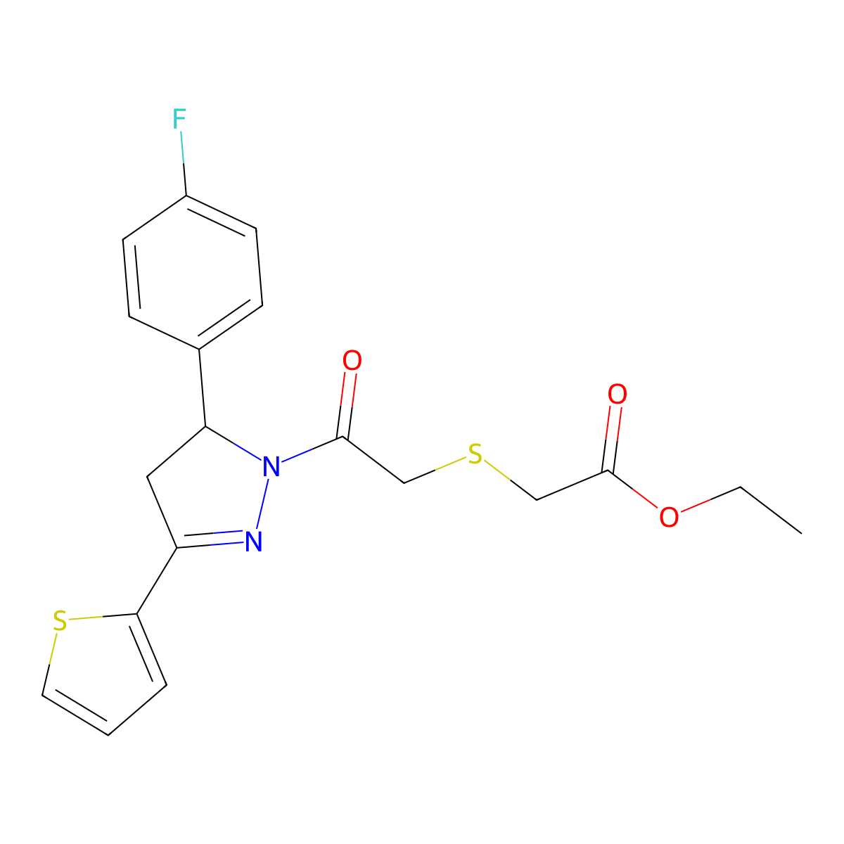 Ethyl 2-[2-[3-(4-fluorophenyl)-5-thiophen-2-yl-3,4-dihydropyrazol-2-yl]-2-oxoethyl]sulfanylacetate molecular structure, CAS 403842-92-2