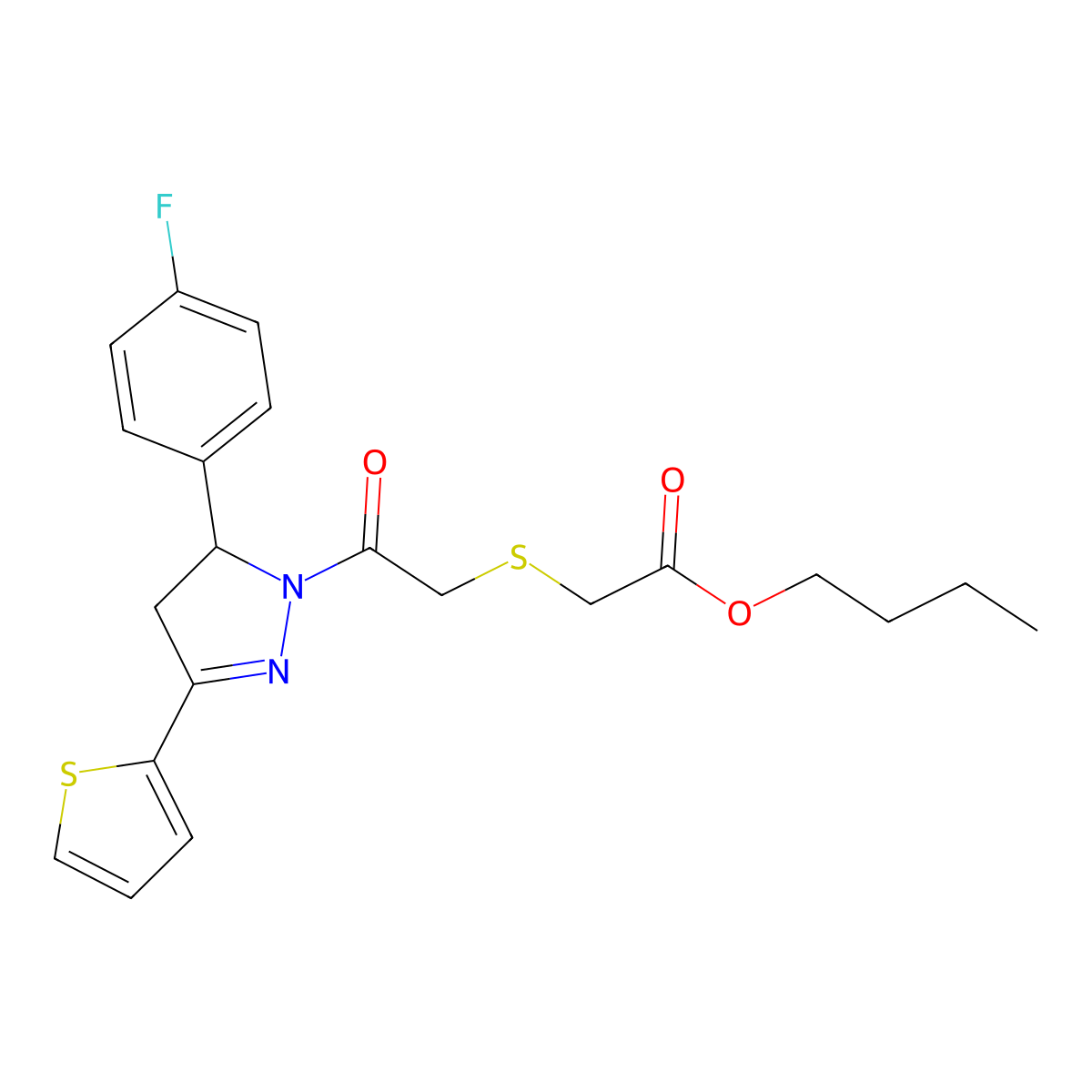 2-[[2-[3-(4-Fluorophenyl)-5-thiophen-2-yl-3,4-dihydropyrazol-2-yl]-2-oxoethyl]thio]acetic acid butyl ester molecular structure, CAS 403842-93-3