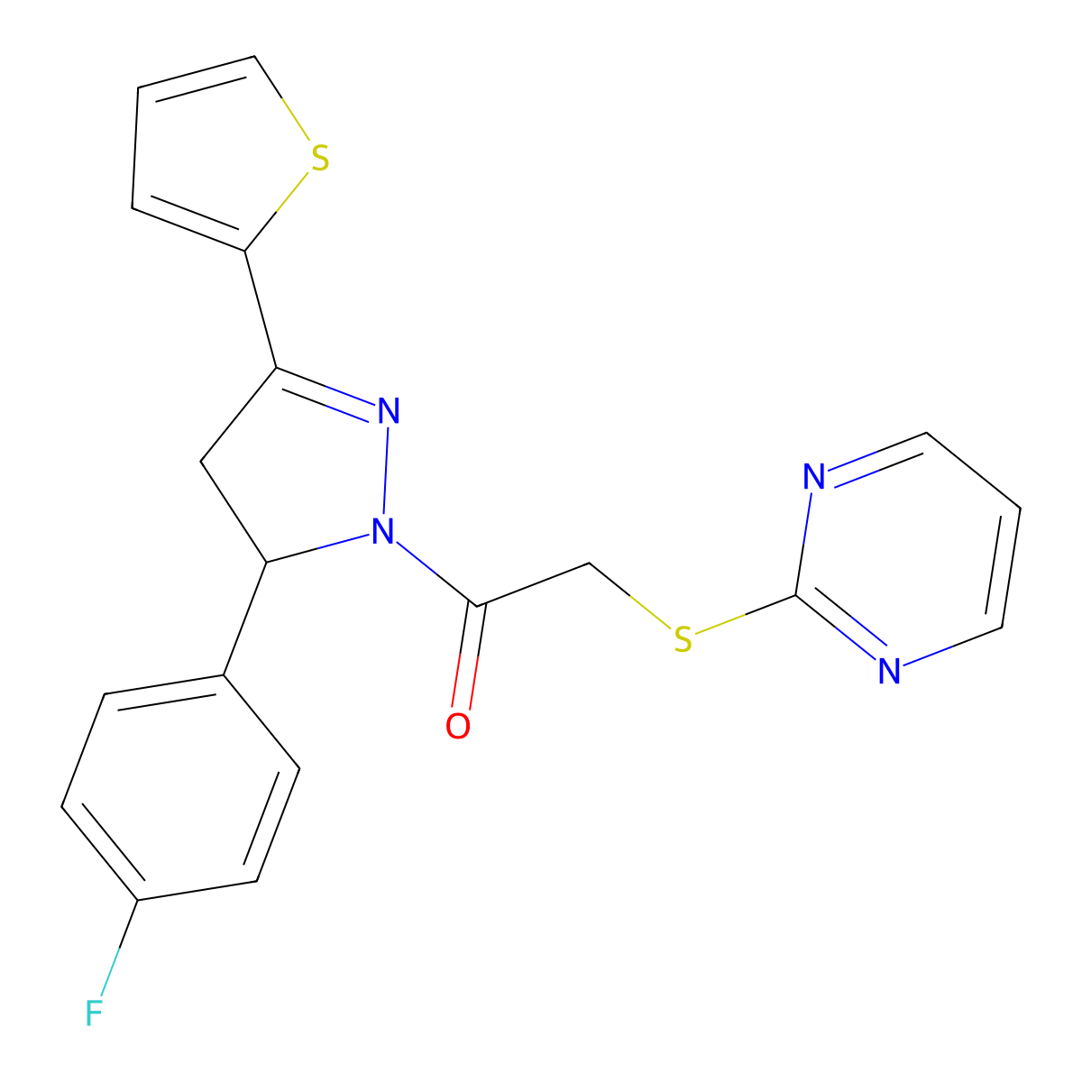 1-(5-(4-fluorophenyl)-3-(thiophen-2-yl)-4,5-dihydro-1H-pyrazol-1-yl)-2-(pyrimidin-2-ylthio)ethanone molecular structure, CAS 403843-00-5