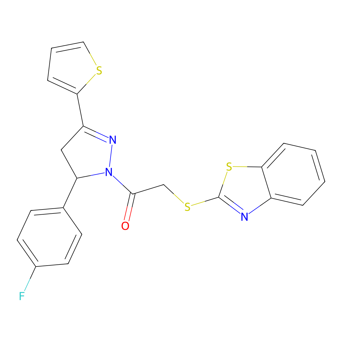 2-(benzo[d]thiazol-2-ylthio)-1-(5-(4-fluorophenyl)-3-(thiophen-2-yl)-4,5-dihydro-1H-pyrazol-1-yl)ethanone molecular structure, CAS 403843-01-6