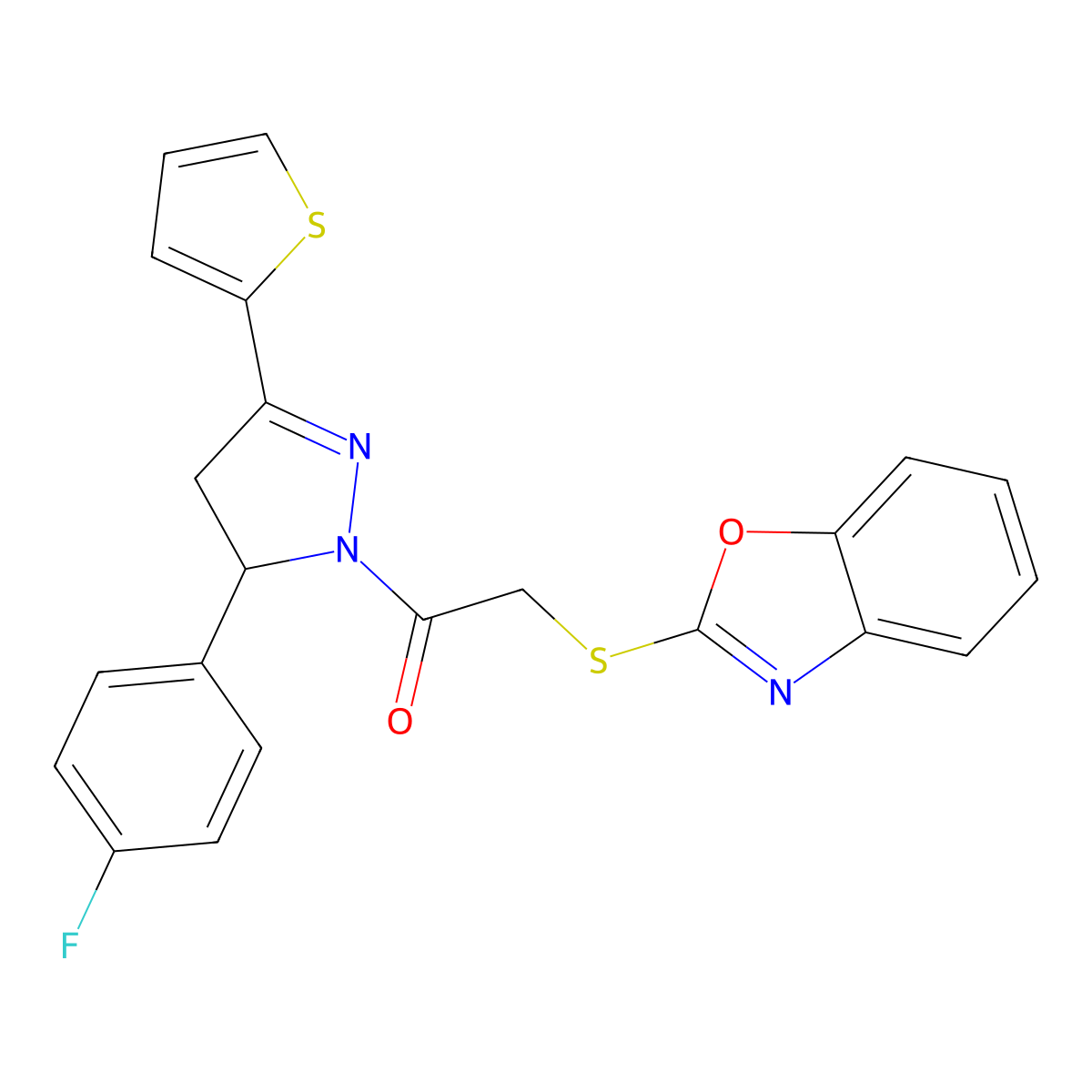 2-(benzo[d]oxazol-2-ylthio)-1-(5-(4-fluorophenyl)-3-(thiophen-2-yl)-4,5-dihydro-1H-pyrazol-1-yl)ethanone molecular structure, CAS 403843-02-7