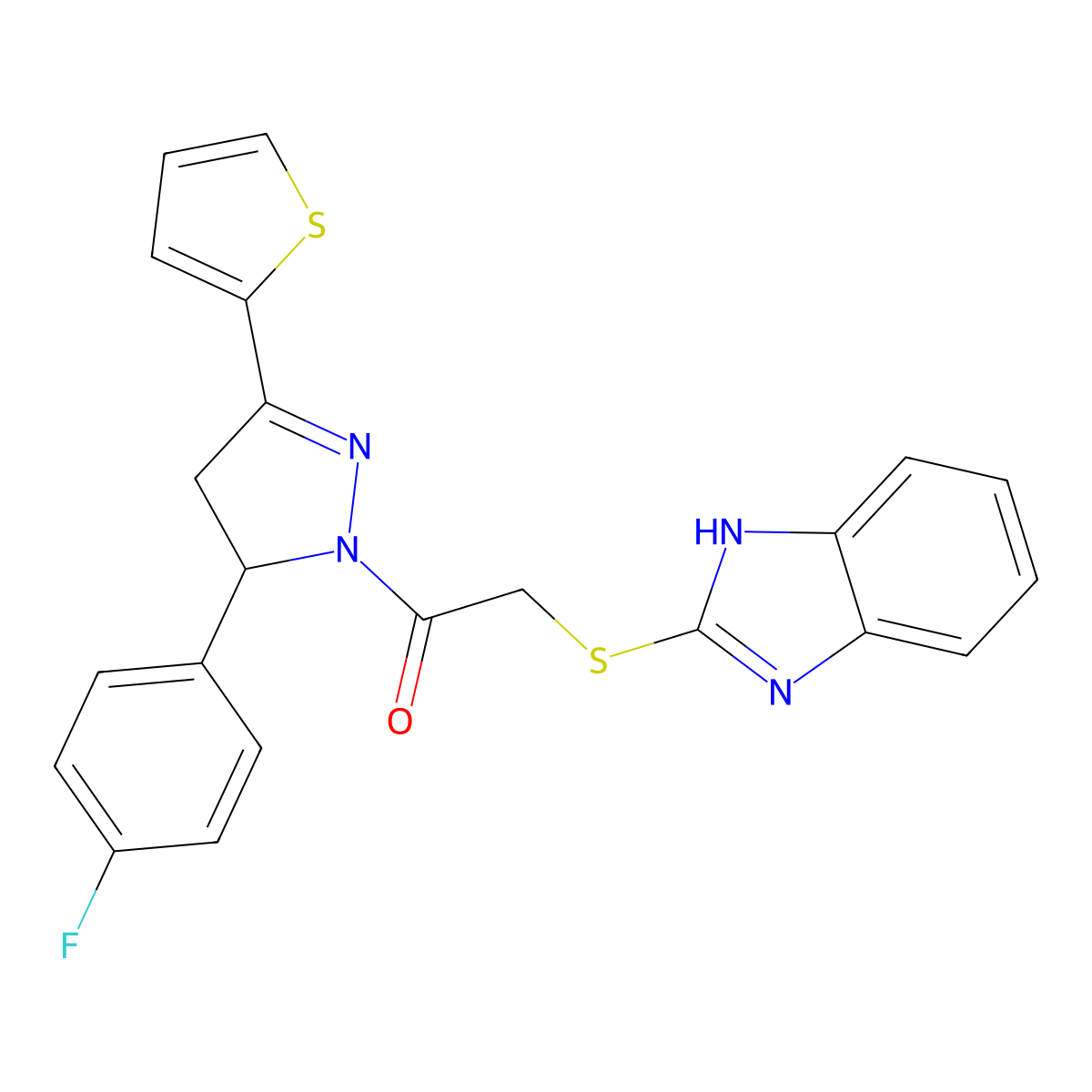 2-((1H-benzo[d]imidazol-2-yl)thio)-1-(5-(4-fluorophenyl)-3-(thiophen-2-yl)-4,5-dihydro-1H-pyrazol-1-yl)ethanone molecular structure, CAS 403843-03-8