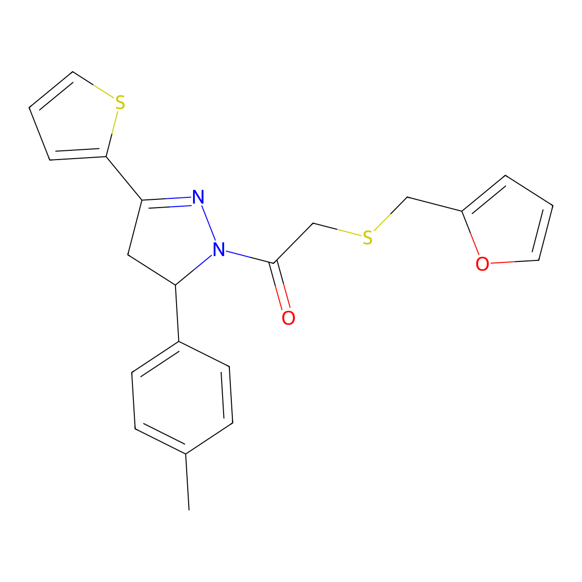 2-((furan-2-ylmethyl)thio)-1-(3-(thiophen-2-yl)-5-(p-tolyl)-4,5-dihydro-1H-pyrazol-1-yl)ethanone molecular structure, CAS 403843-08-3