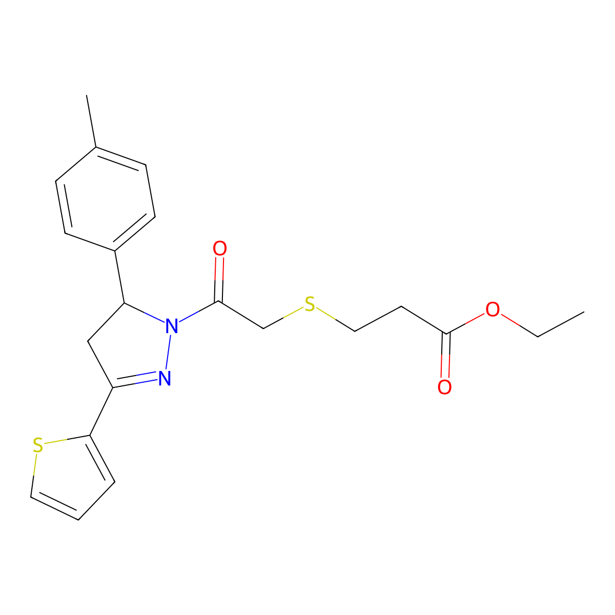 ethyl 3-((2-oxo-2-(3-(thiophen-2-yl)-5-(p-tolyl)-4,5-dihydro-1H-pyrazol-1-yl)ethyl)thio)propanoate molecular structure, CAS 403843-13-0