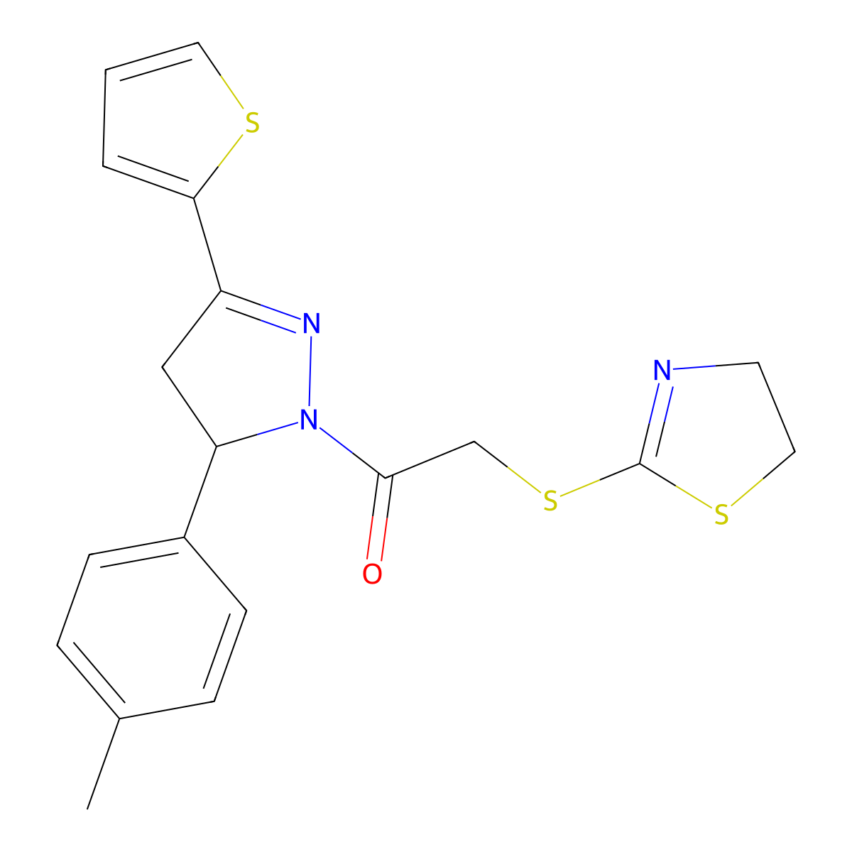 2-((4,5-dihydrothiazol-2-yl)thio)-1-(3-(thiophen-2-yl)-5-(p-tolyl)-4,5-dihydro-1H-pyrazol-1-yl)ethanone molecular structure, CAS 403843-14-1