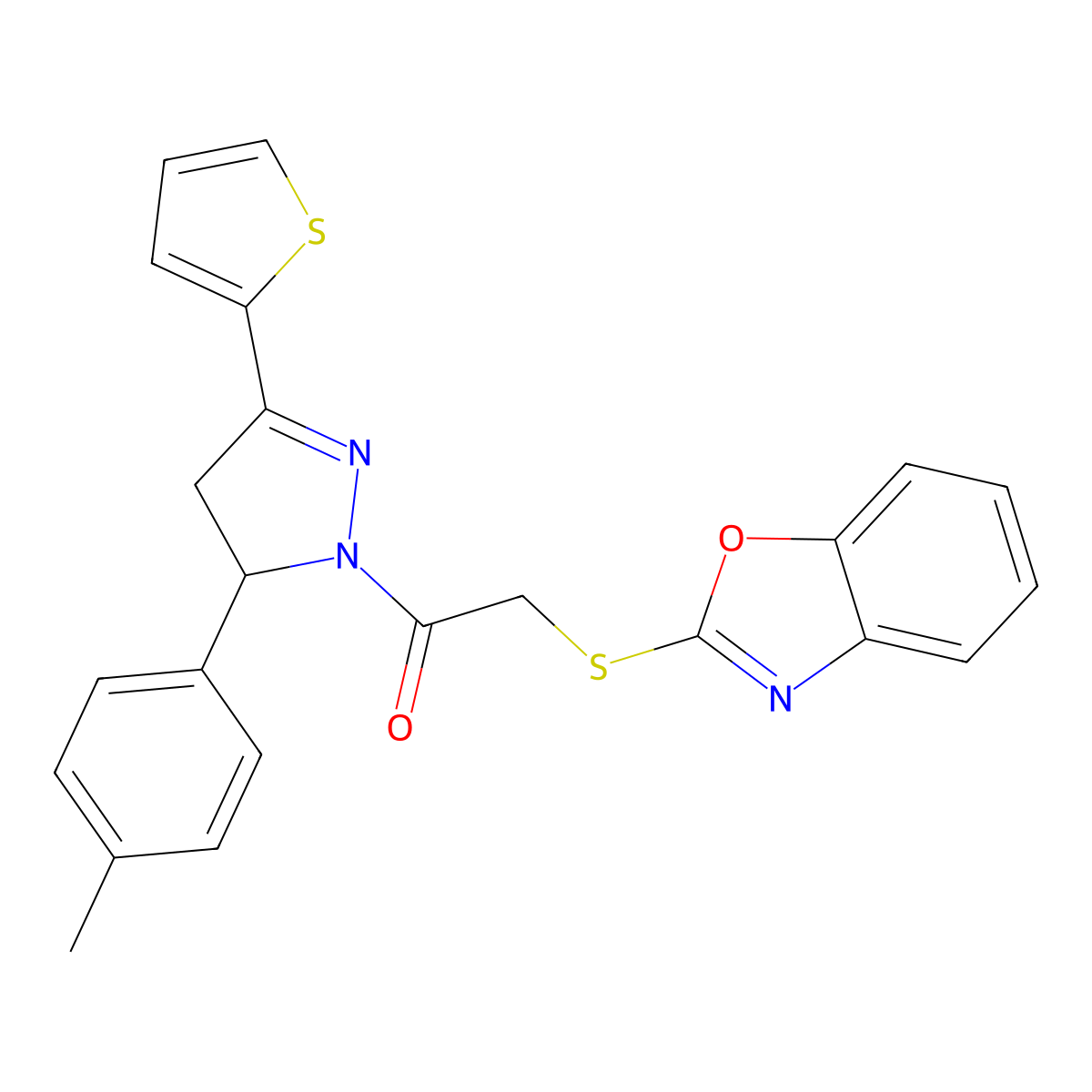 2-(1,3-Benzoxazol-2-ylthio)-1-[3-(4-methylphenyl)-5-thiophen-2-yl-3,4-dihydropyrazol-2-yl]ethanone molecular structure, CAS 403843-20-9