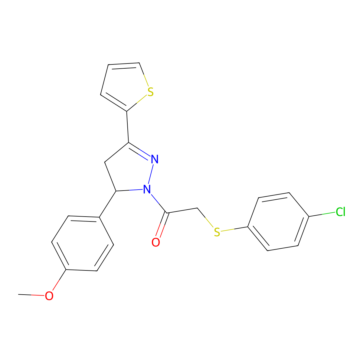 2-((4-chlorophenyl)thio)-1-(5-(4-methoxyphenyl)-3-(thiophen-2-yl)-4,5-dihydro-1H-pyrazol-1-yl)ethanone molecular structure, CAS 403843-23-2