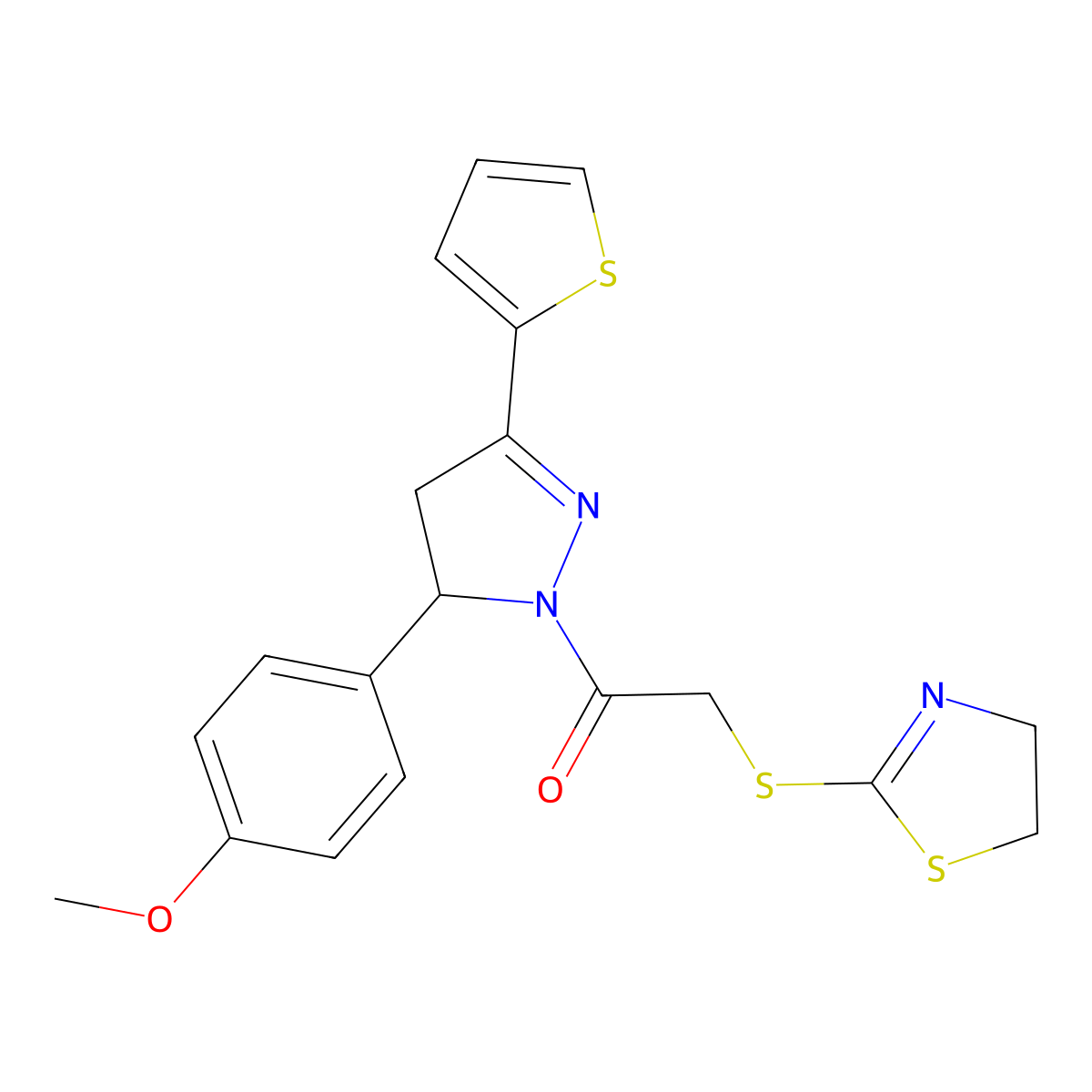 2-(4,5-Dihydro-1,3-thiazol-2-ylsulfanyl)-1-[3-(4-methoxyphenyl)-5-thiophen-2-yl-3,4-dihydropyrazol-2-yl]ethanone molecular structure, CAS 403843-33-4