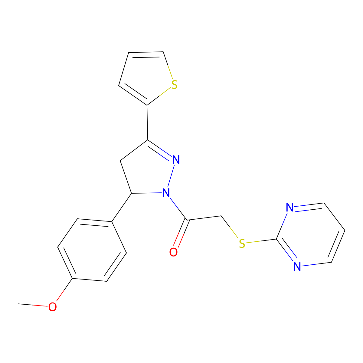 1-[3-(4-Methoxyphenyl)-5-thiophen-2-yl-3,4-dihydropyrazol-2-yl]-2-pyrimidin-2-ylsulfanylethanone molecular structure, CAS 403843-37-8