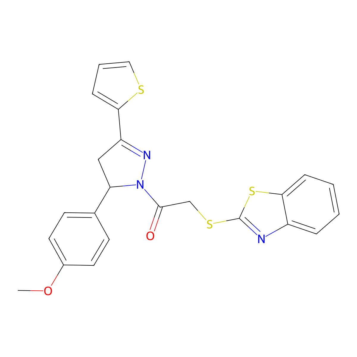 2-(benzo[d]thiazol-2-ylthio)-1-(5-(4-methoxyphenyl)-3-(thiophen-2-yl)-4,5-dihydro-1H-pyrazol-1-yl)ethanone molecular structure, CAS 403843-38-9