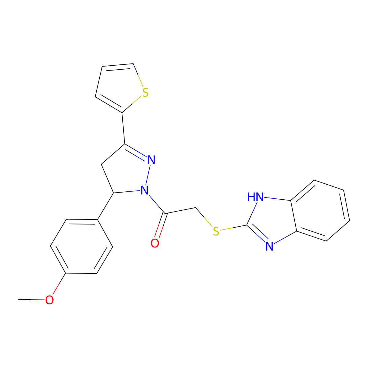 2-((1H-benzo[d]imidazol-2-yl)thio)-1-(5-(4-methoxyphenyl)-3-(thiophen-2-yl)-4,5-dihydro-1H-pyrazol-1-yl)ethanone molecular structure, CAS 403843-40-3