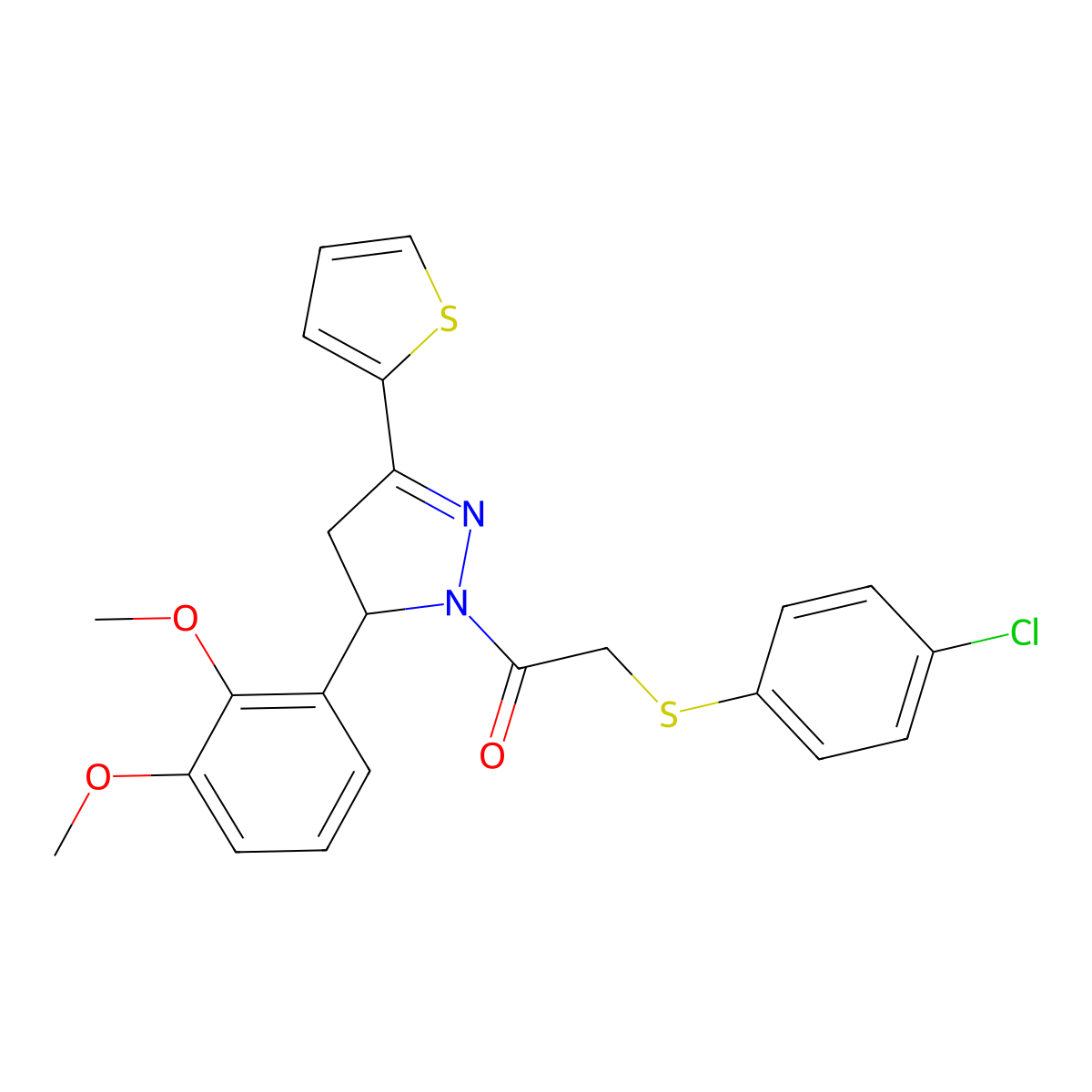 2-(4-Chlorophenyl)sulfanyl-1-[3-(2,3-dimethoxyphenyl)-5-thiophen-2-yl-3,4-dihydropyrazol-2-yl]ethanone molecular structure, CAS 403843-42-5