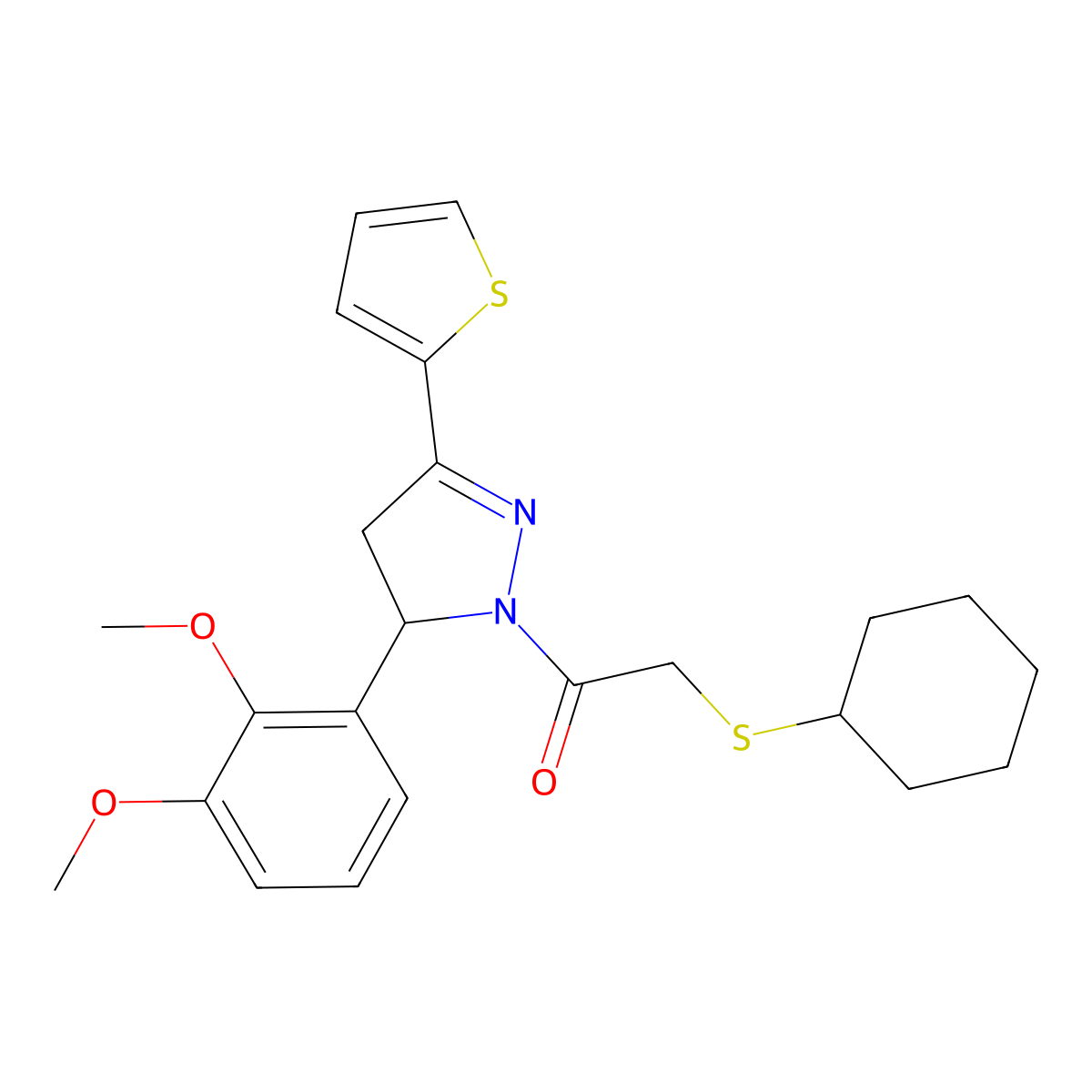 2-(cyclohexylthio)-1-(5-(2,3-dimethoxyphenyl)-3-(thiophen-2-yl)-4,5-dihydro-1H-pyrazol-1-yl)ethanone molecular structure, CAS 403843-43-6