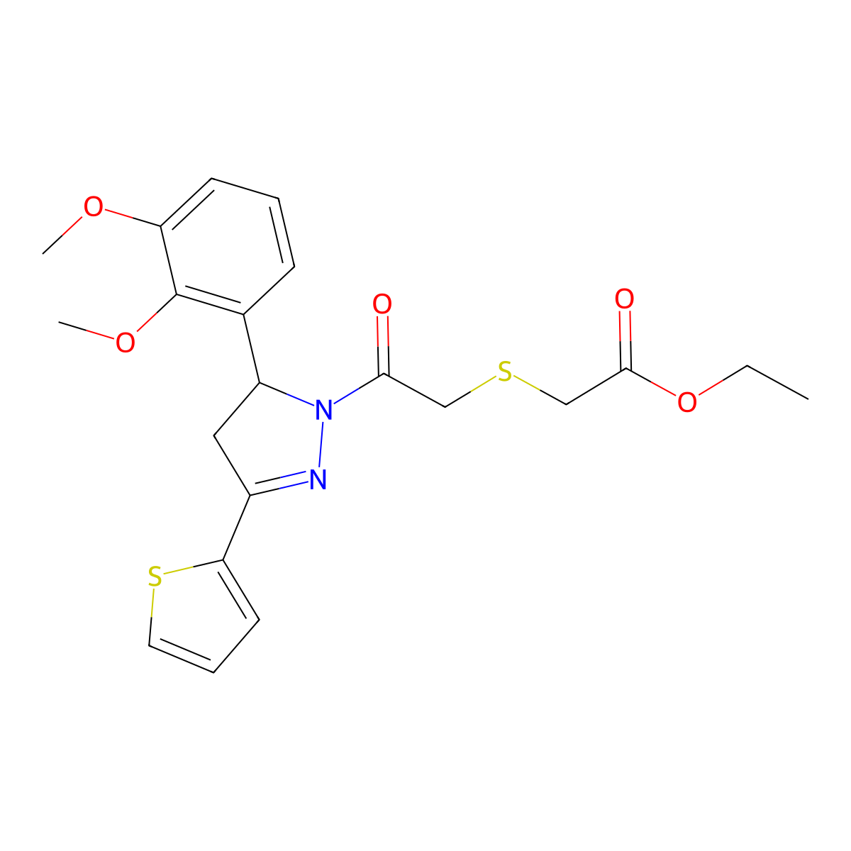 ethyl 2-((2-(5-(2,3-dimethoxyphenyl)-3-(thiophen-2-yl)-4,5-dihydro-1H-pyrazol-1-yl)-2-oxoethyl)thio)acetate molecular structure, CAS 403843-47-0