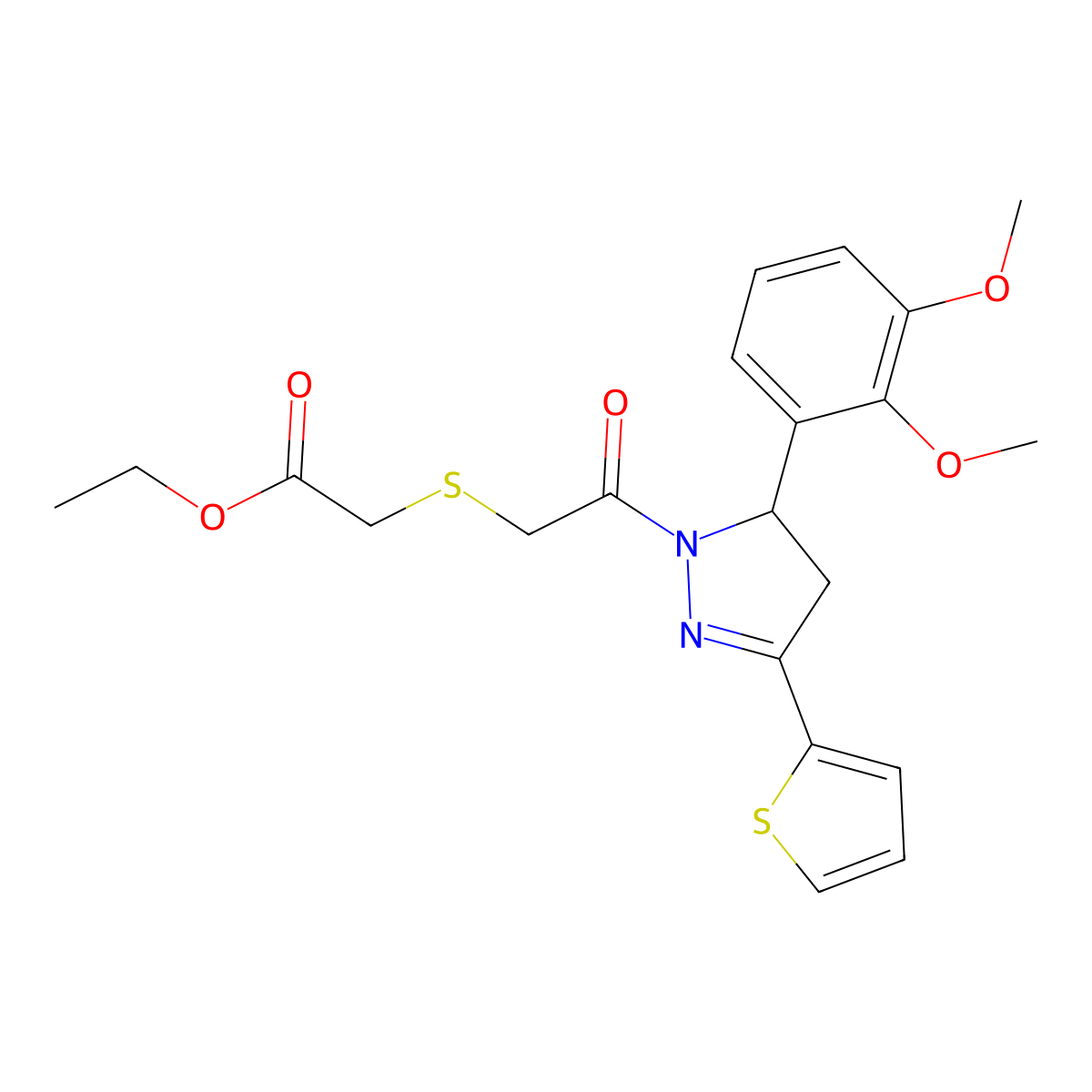 ethyl 2-((2-(5-(2,3-dimethoxyphenyl)-3-(thiophen-2-yl)-4,5-dihydro-1H-pyrazol-1-yl)-2-oxoethyl)thio)acetate molecular structure, CAS 403843-47-0