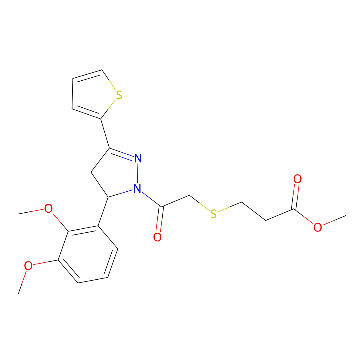 methyl 3-((2-(5-(2,3-dimethoxyphenyl)-3-(thiophen-2-yl)-4,5-dihydro-1H-pyrazol-1-yl)-2-oxoethyl)thio)propanoate molecular structure, CAS 403843-49-2