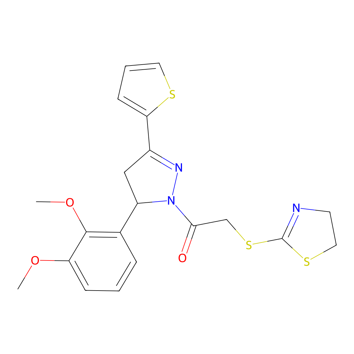 2-(4,5-dihydro-1,3-thiazol-2-ylsulfanyl)-1-[5-(2,3-dimethoxyphenyl)-3-(thiophen-2-yl)-4,5-dihydro-1H-pyrazol-1-yl]ethan-1-one molecular structure, CAS 403843-51-6