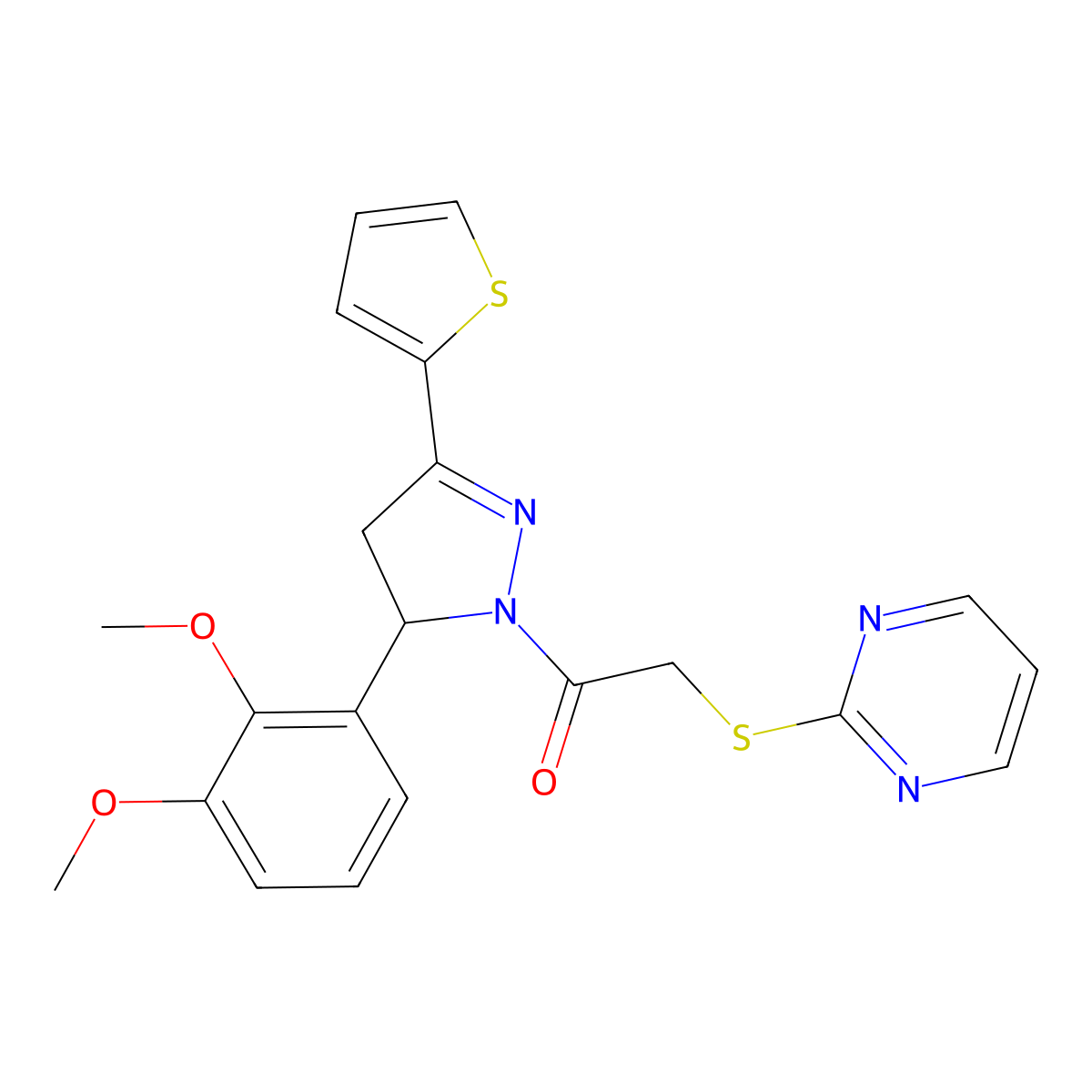 1-(5-(2,3-dimethoxyphenyl)-3-(thiophen-2-yl)-4,5-dihydro-1H-pyrazol-1-yl)-2-(pyrimidin-2-ylthio)ethanone molecular structure, CAS 403843-55-0