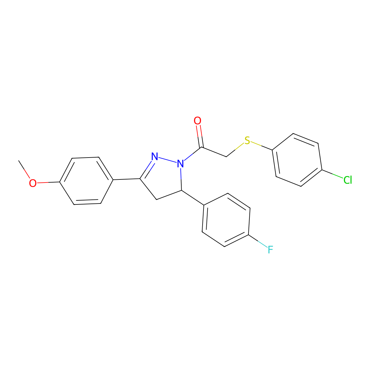 2-((4-chlorophenyl)thio)-1-(5-(4-fluorophenyl)-3-(4-methoxyphenyl)-4,5-dihydro-1H-pyrazol-1-yl)ethanone molecular structure, CAS 403843-60-7