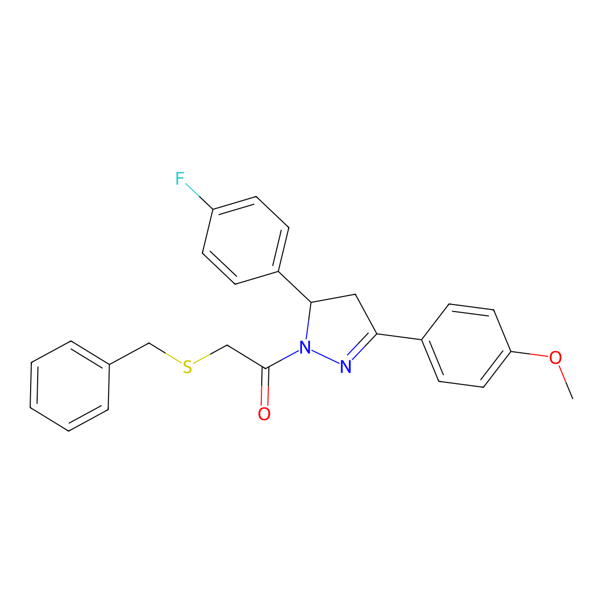 2-Benzylsulfanyl-1-[3-(4-fluorophenyl)-5-(4-methoxyphenyl)-3,4-dihydropyrazol-2-yl]ethanone molecular structure, CAS 403843-62-9