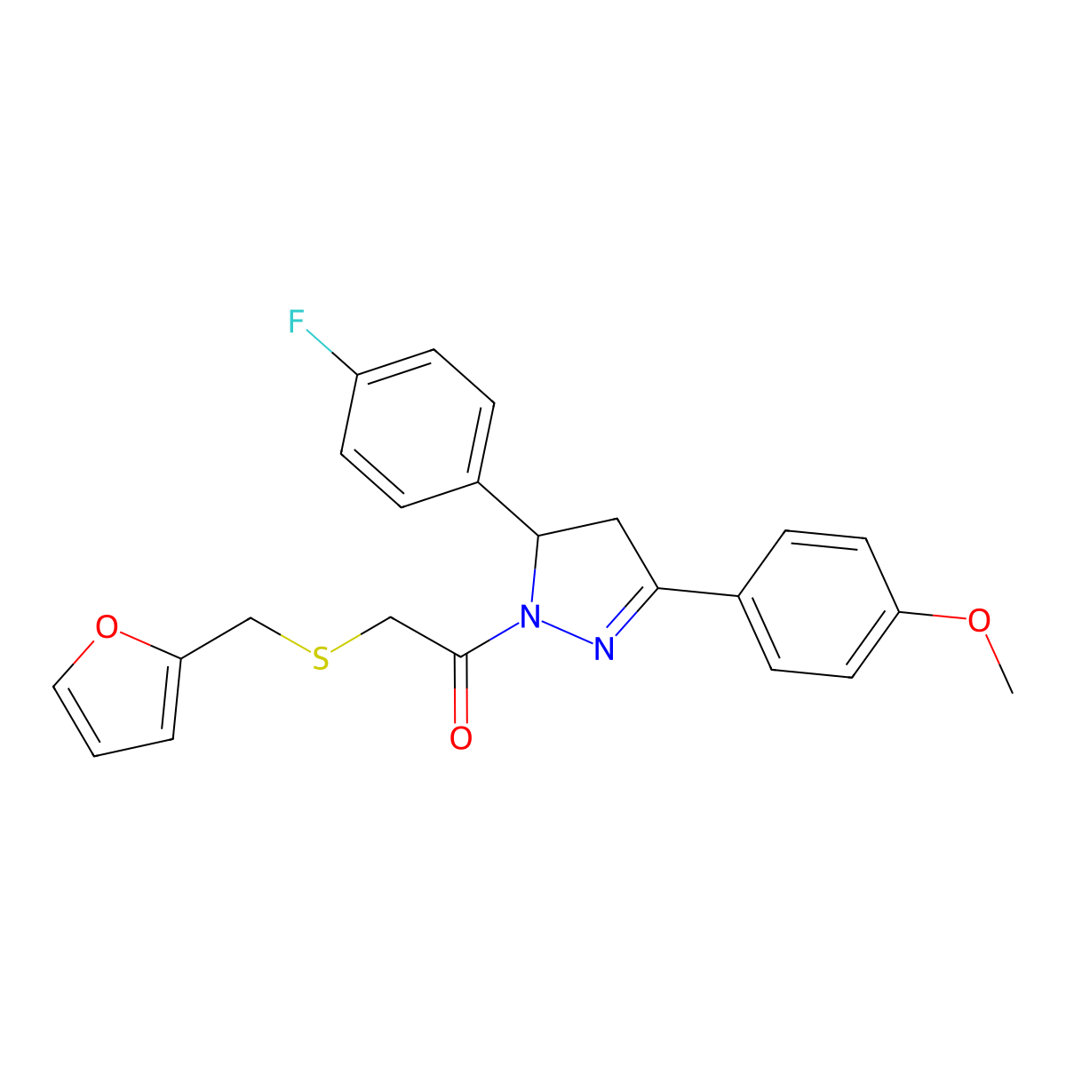 1-[3-(4-Fluorophenyl)-5-(4-methoxyphenyl)-3,4-dihydropyrazol-2-yl]-2-(furan-2-ylmethylsulfanyl)ethanone molecular structure, CAS 403843-63-0