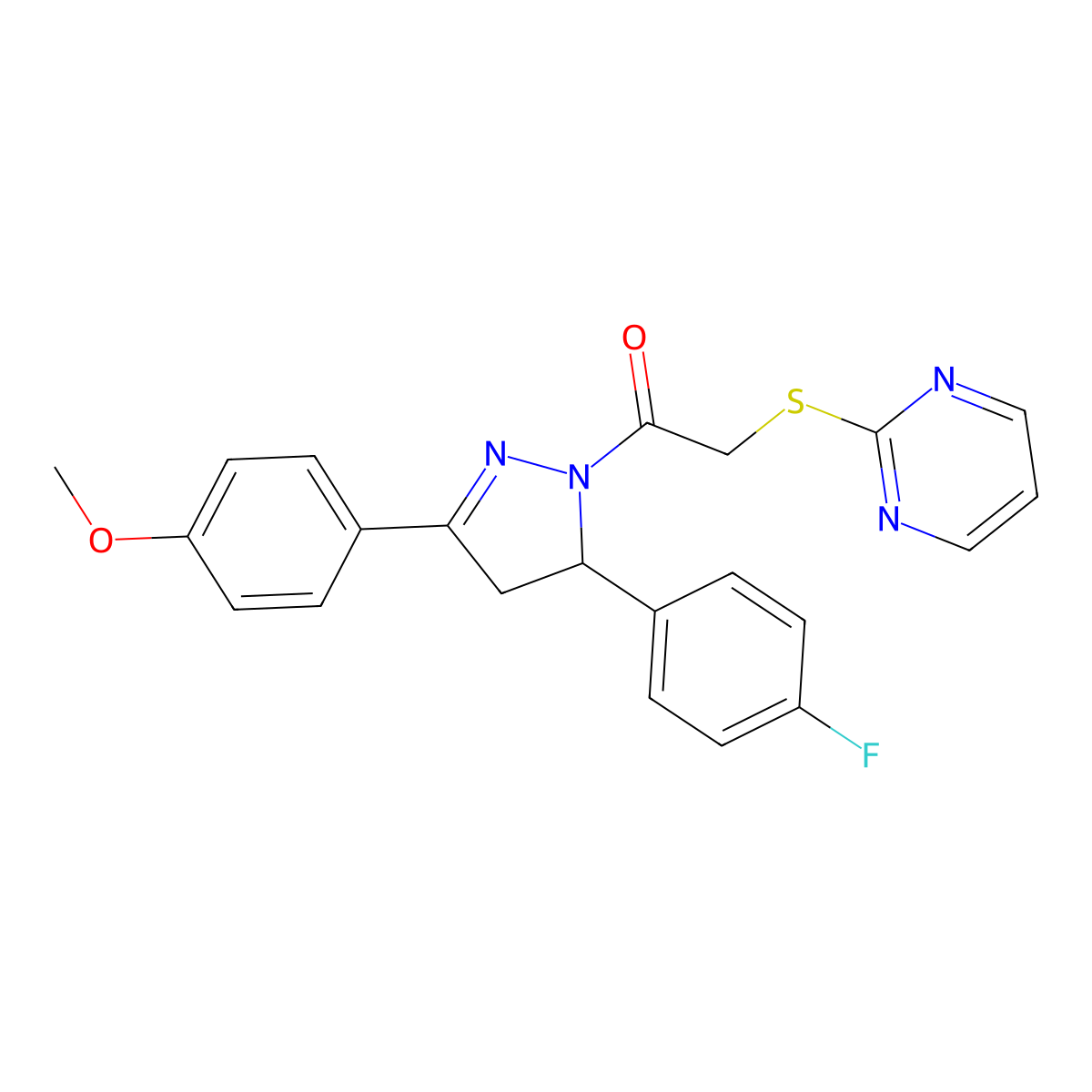 1-(5-(4-fluorophenyl)-3-(4-methoxyphenyl)-4,5-dihydro-1H-pyrazol-1-yl)-2-(pyrimidin-2-ylthio)ethanone molecular structure, CAS 403843-73-2