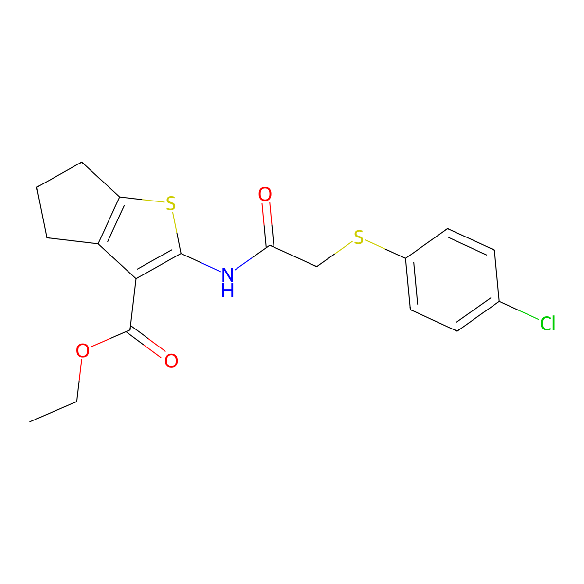 ethyl 2-(2-((4-chlorophenyl)thio)acetamido)-5,6-dihydro-4H-cyclopenta[b]thiophene-3-carboxylate molecular structure, CAS 403843-85-6