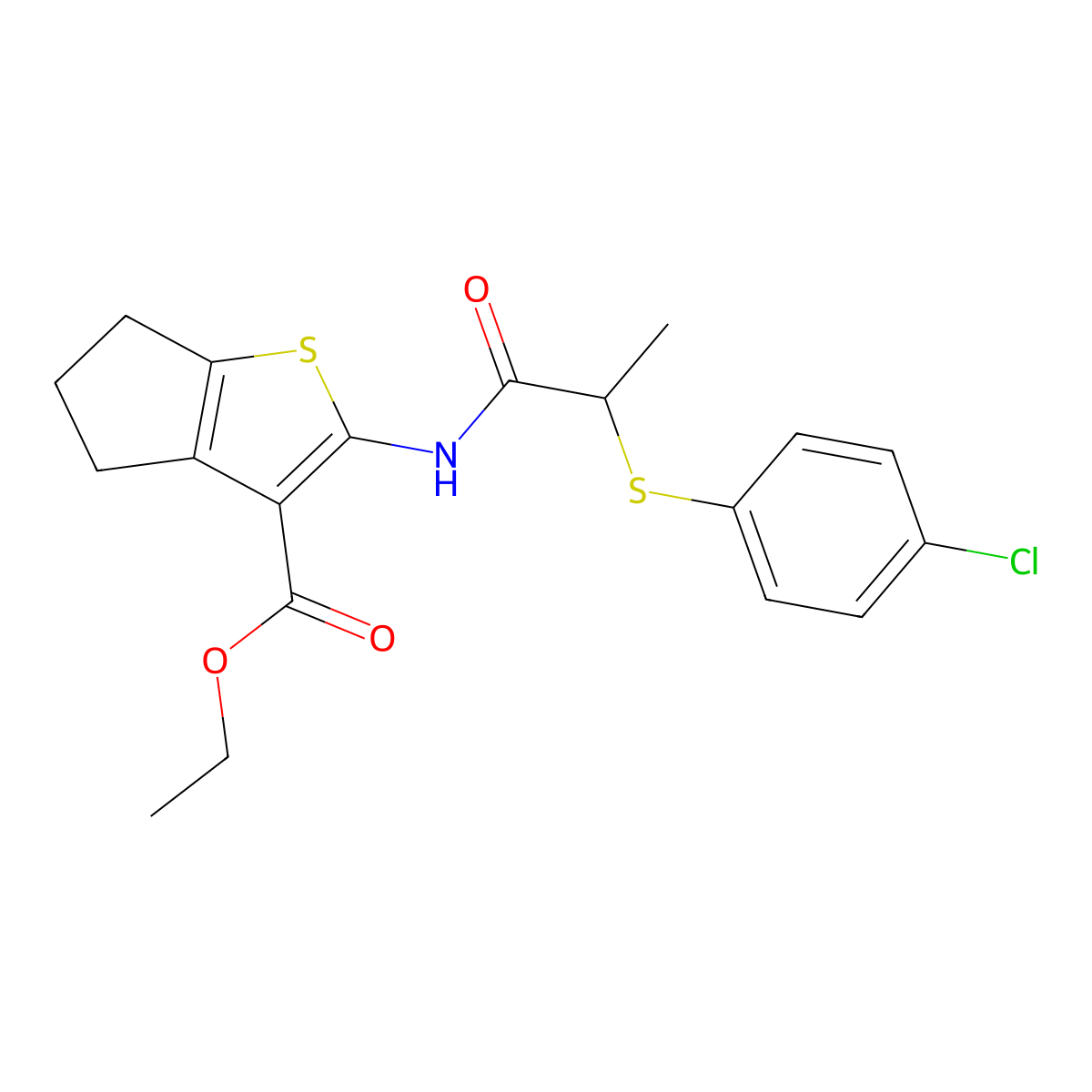 ethyl 2-(2-((4-chlorophenyl)thio)propanamido)-5,6-dihydro-4H-cyclopenta[b]thiophene-3-carboxylate molecular structure, CAS 403843-86-7