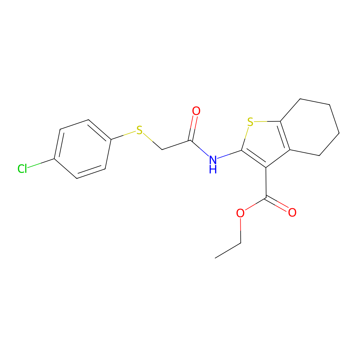 Ethyl 2-(2-((4-chlorophenyl)thio)acetamido)-4,5,6,7-tetrahydrobenzo[b]thiophene-3-carboxylate molecular structure, CAS 403843-87-8