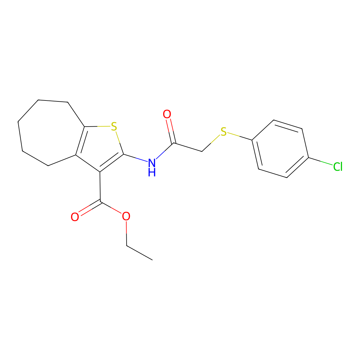 ethyl 2-(2-((4-chlorophenyl)thio)acetamido)-5,6,7,8-tetrahydro-4H-cyclohepta[b]thiophene-3-carboxylate molecular structure, CAS 403843-89-0