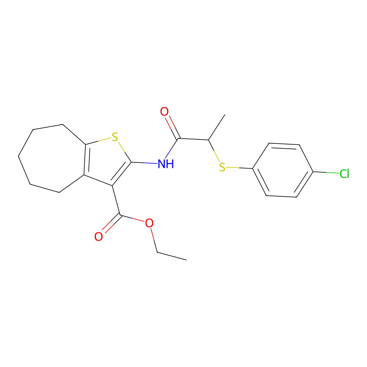 ethyl 2-(2-((4-chlorophenyl)thio)propanamido)-5,6,7,8-tetrahydro-4H-cyclohepta[b]thiophene-3-carboxylate molecular structure, CAS 403843-90-3