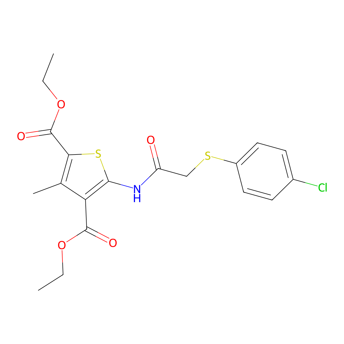Diethyl 5-(2-((4-chlorophenyl)thio)acetamido)-3-methylthiophene-2,4-dicarboxylate molecular structure, CAS 403843-91-4