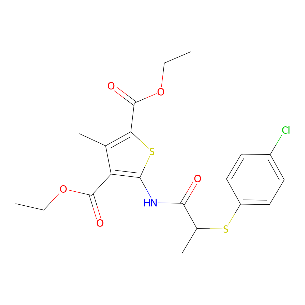 Diethyl 5-(2-((4-chlorophenyl)thio)propanamido)-3-methylthiophene-2,4-dicarboxylate molecular structure, CAS 403843-92-5