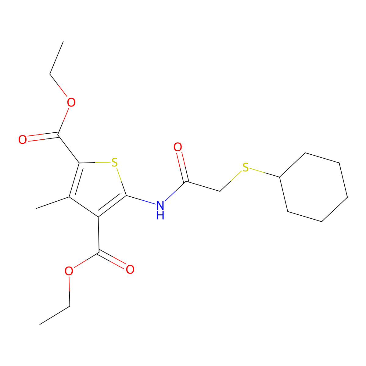 Diethyl 5-(2-(cyclohexylthio)acetamido)-3-methylthiophene-2,4-dicarboxylate molecular structure, CAS 403843-99-2