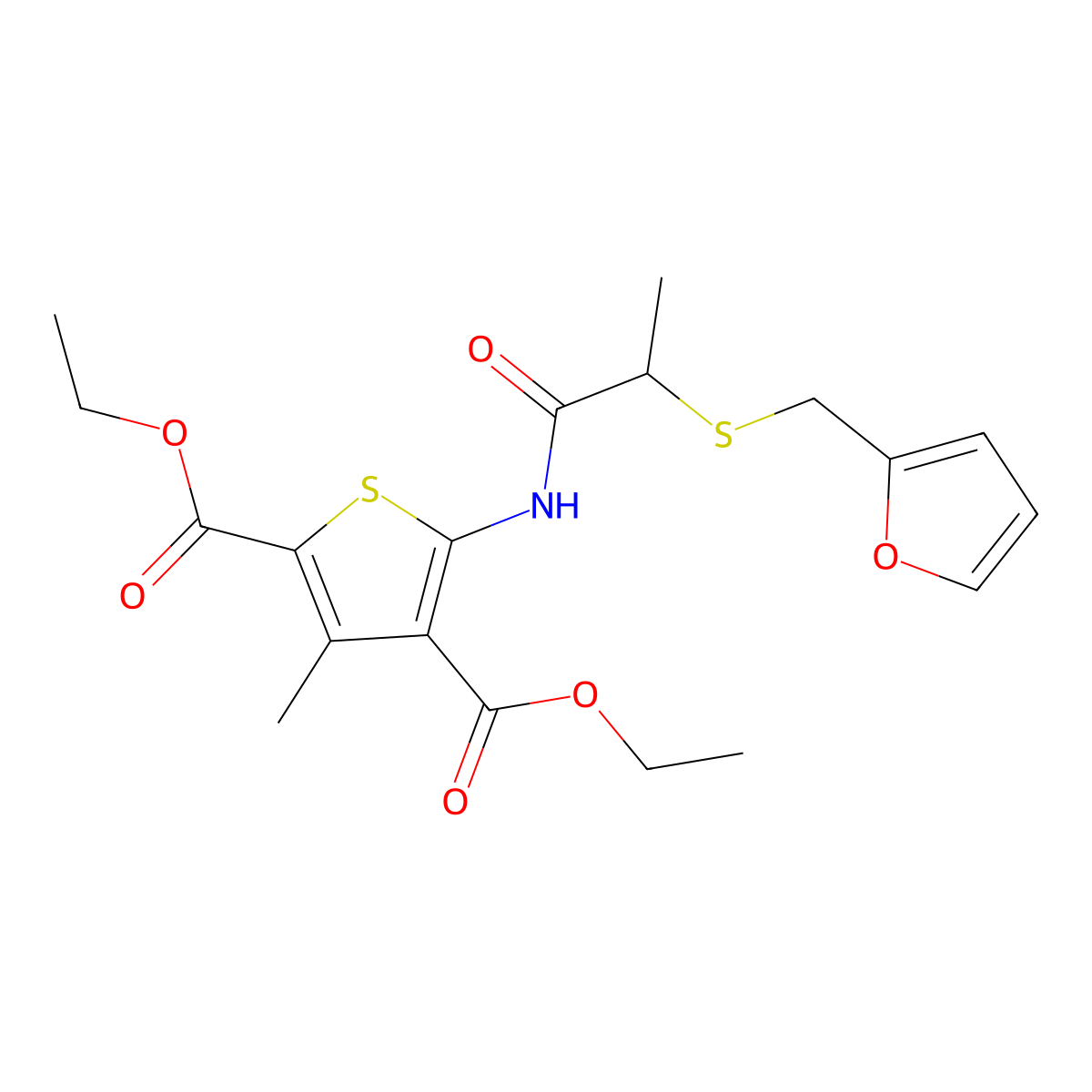Diethyl 5-(2-((furan-2-ylmethyl)thio)propanamido)-3-methylthiophene-2,4-dicarboxylate molecular structure, CAS 403844-15-5