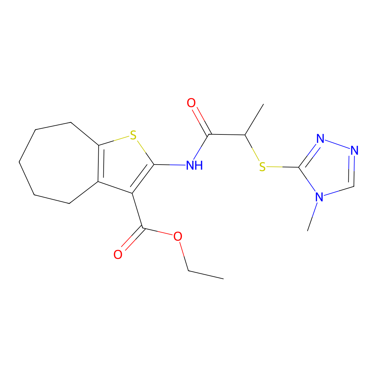 ethyl 2-(2-((4-methyl-4H-1,2,4-triazol-3-yl)thio)propanamido)-5,6,7,8-tetrahydro-4H-cyclohepta[b]thiophene-3-carboxylate molecular structure, CAS 403844-75-7