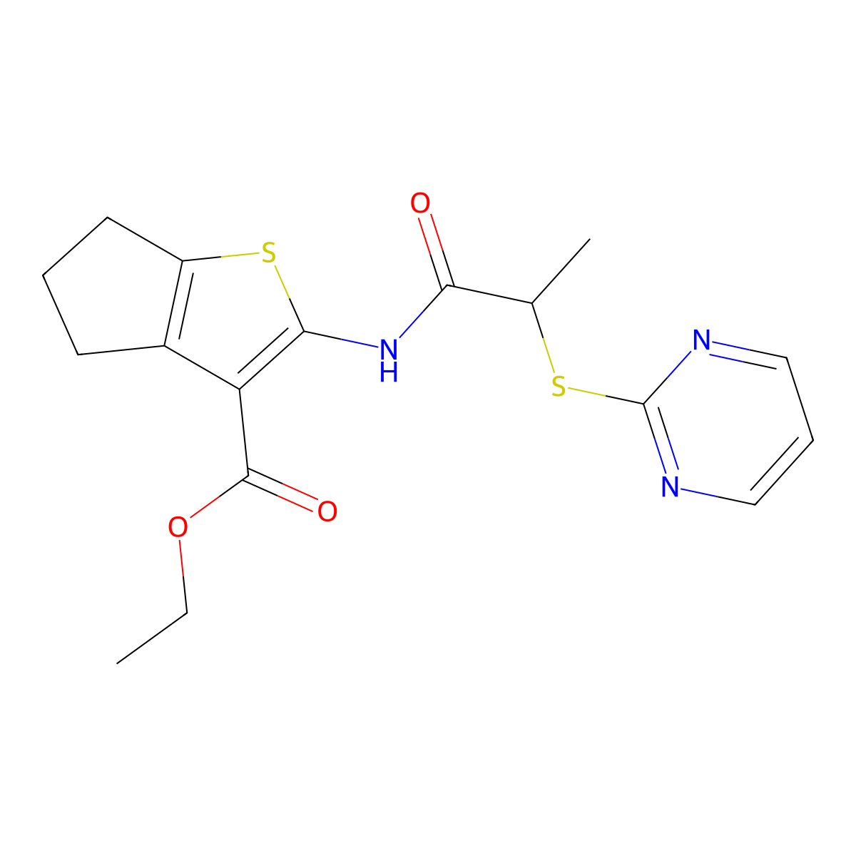 ethyl 2-(2-(pyrimidin-2-ylthio)propanamido)-5,6-dihydro-4H-cyclopenta[b]thiophene-3-carboxylate molecular structure, CAS 403844-86-0