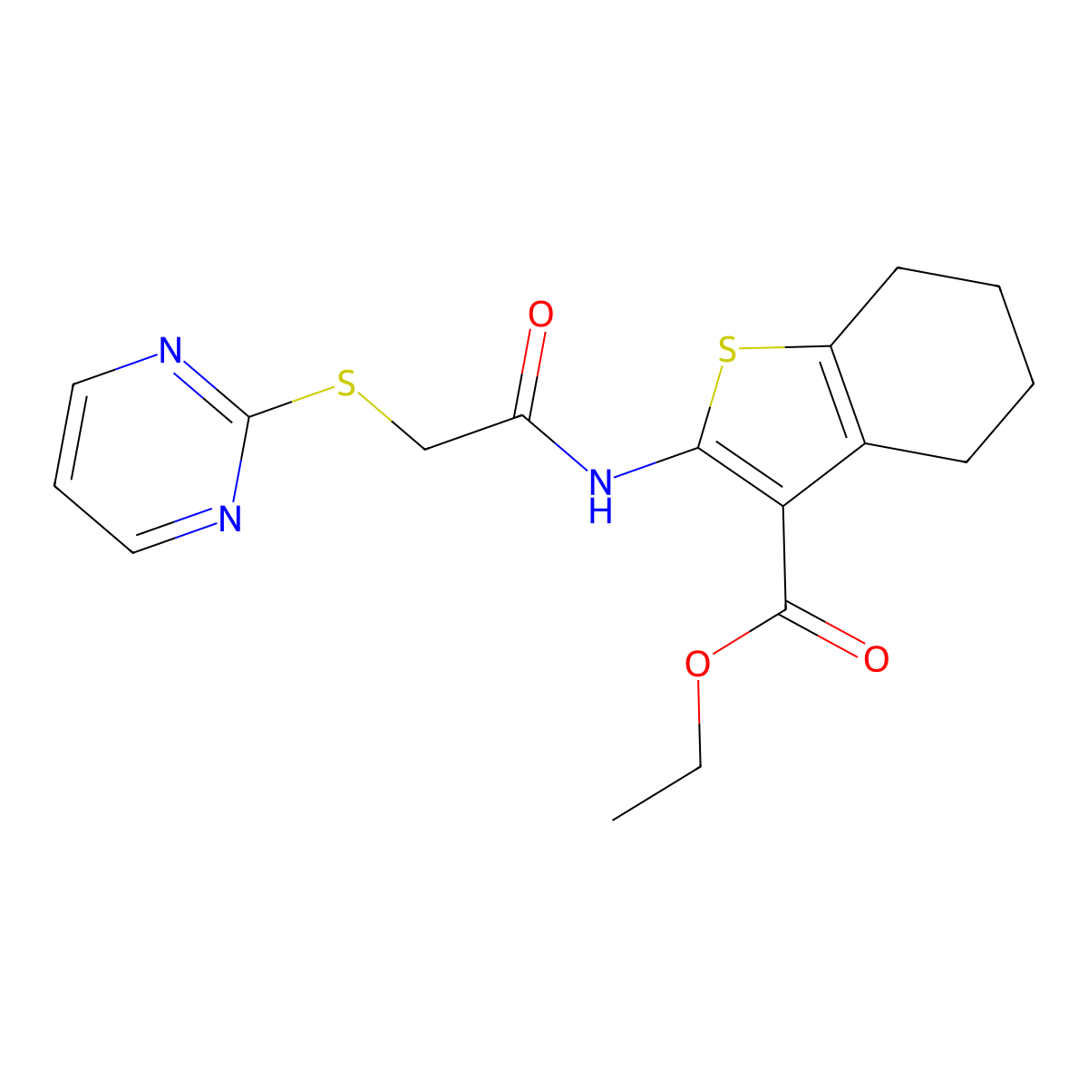 Ethyl 2-{[(2-pyrimidinylsulfanyl)acetyl]amino}-4,5,6,7-tetrahydro-1-benzothiophene-3-carboxylate molecular structure, CAS 403844-87-1