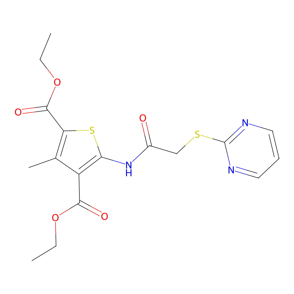 Diethyl 3-methyl-5-(2-(pyrimidin-2-ylthio)acetamido)thiophene-2,4-dicarboxylate molecular structure, CAS 403844-91-7