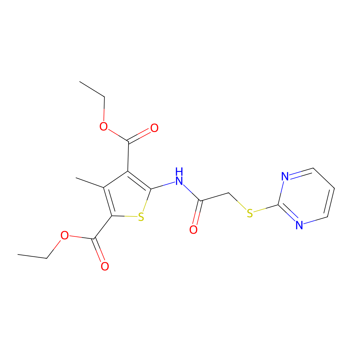Diethyl 3-methyl-5-(2-(pyrimidin-2-ylthio)acetamido)thiophene-2,4-dicarboxylate molecular structure, CAS 403844-91-7