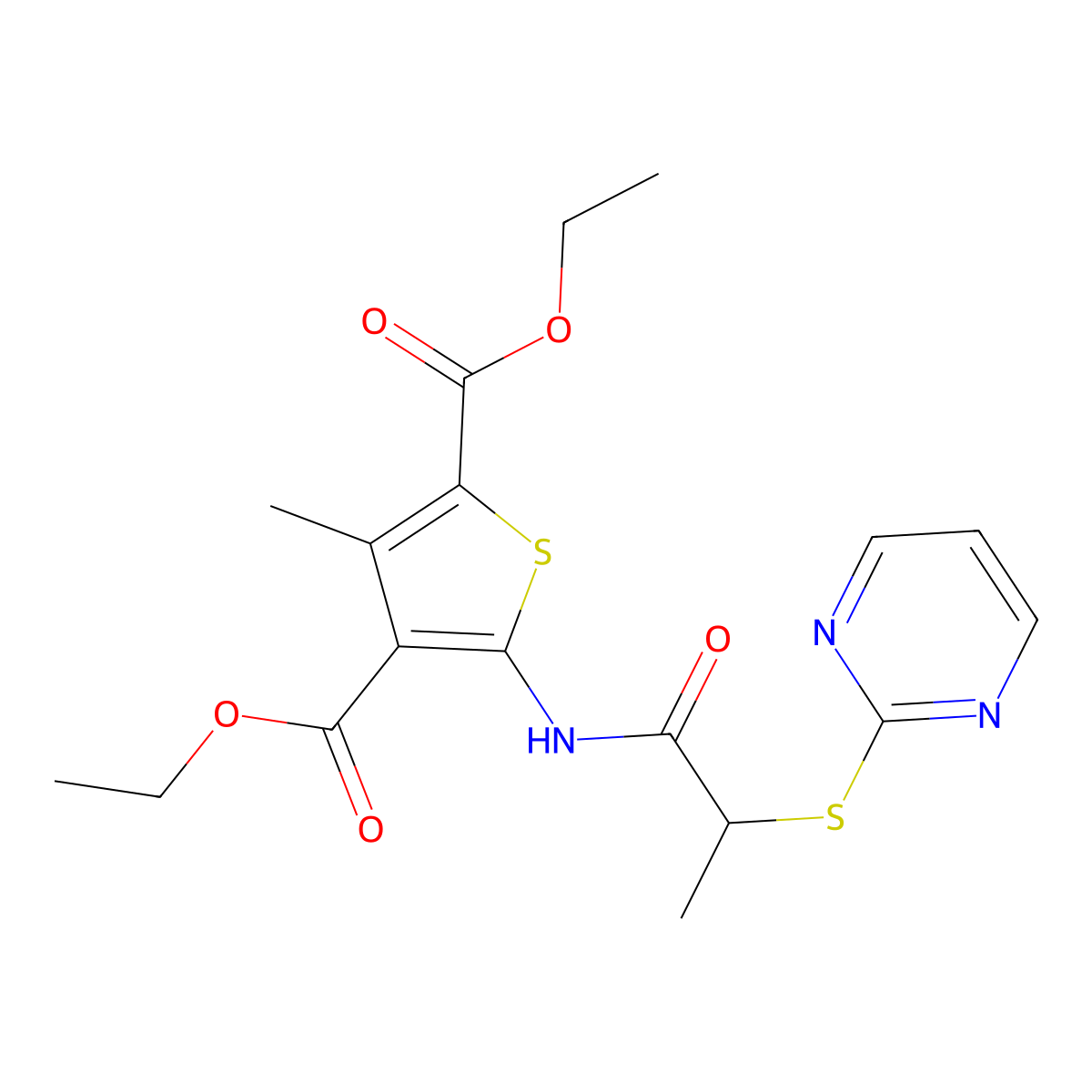 Diethyl 3-methyl-5-(2-(pyrimidin-2-ylthio)propanamido)thiophene-2,4-dicarboxylate molecular structure, CAS 403844-92-8