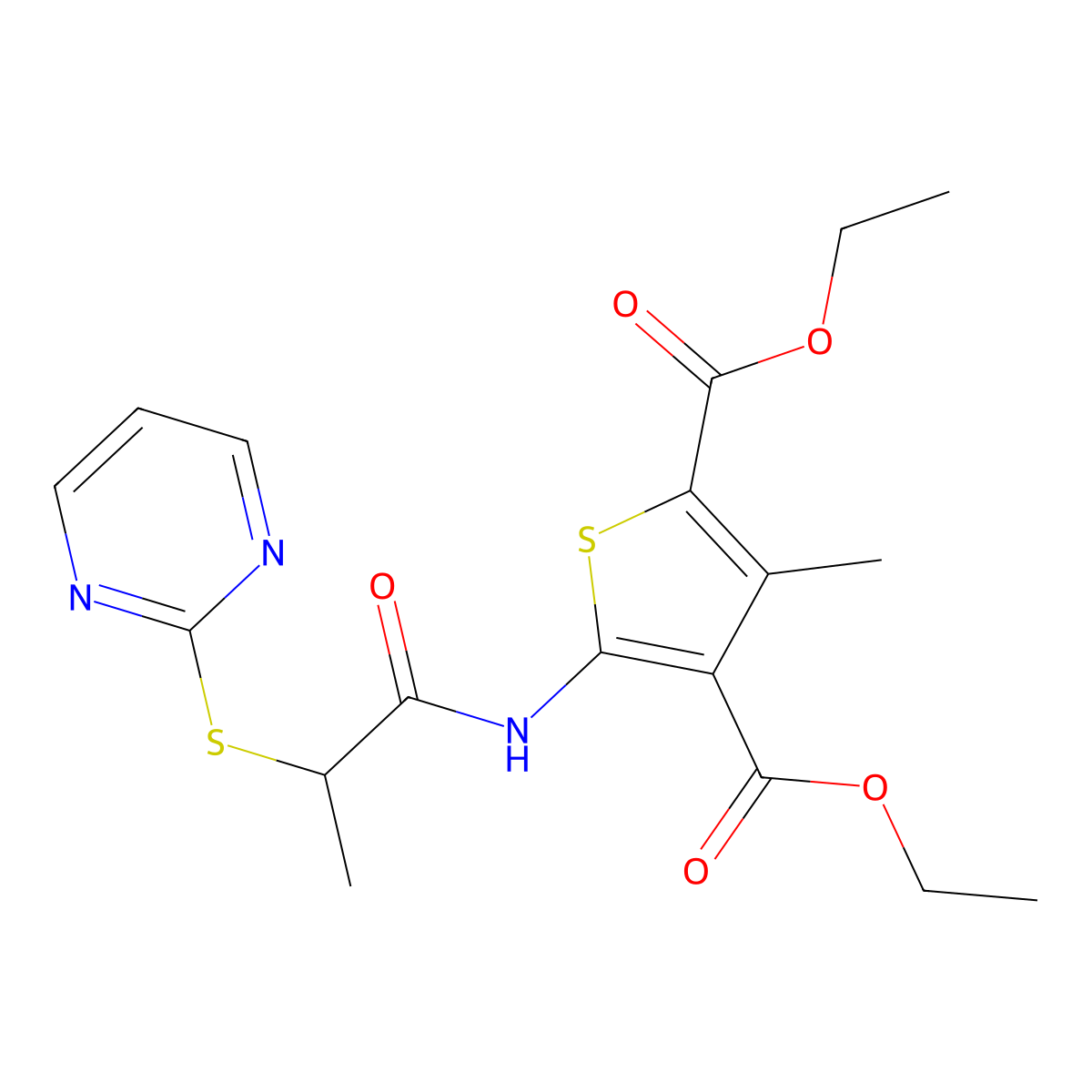 Diethyl 3-methyl-5-(2-(pyrimidin-2-ylthio)propanamido)thiophene-2,4-dicarboxylate molecular structure, CAS 403844-92-8