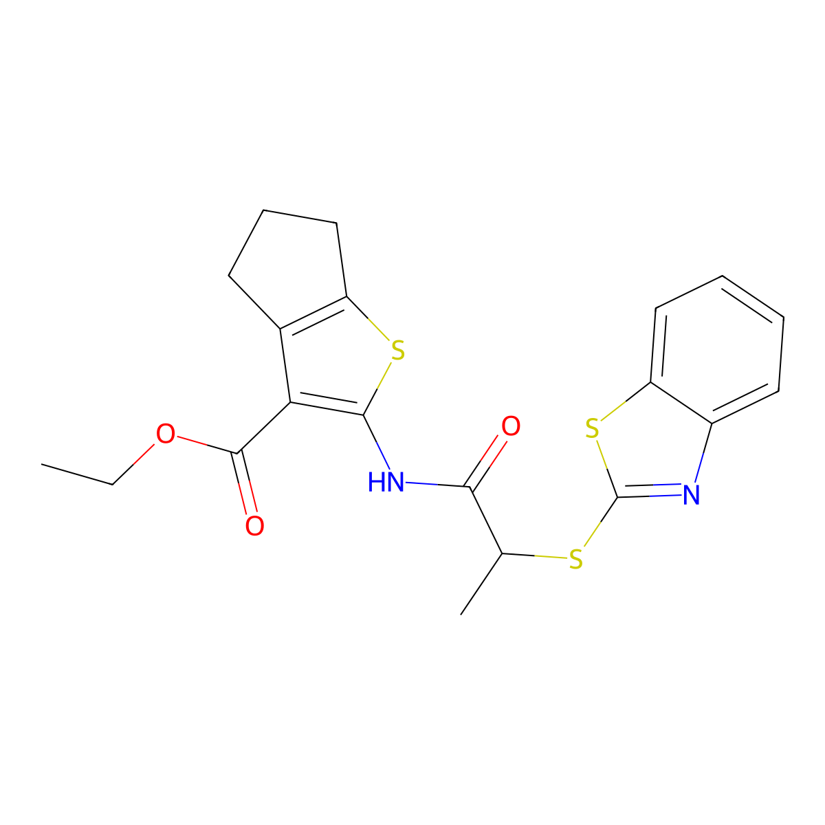 ethyl 2-(2-(benzo[d]thiazol-2-ylthio)propanamido)-5,6-dihydro-4H-cyclopenta[b]thiophene-3-carboxylate molecular structure, CAS 403844-93-9